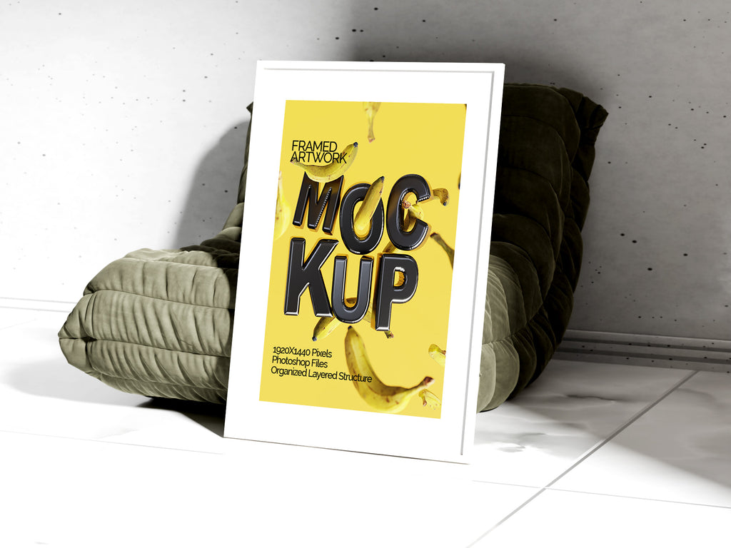 Large Framed Artwork Mockup Bundle – 4 PSDs with Frame on Sofa | Crest Collection
