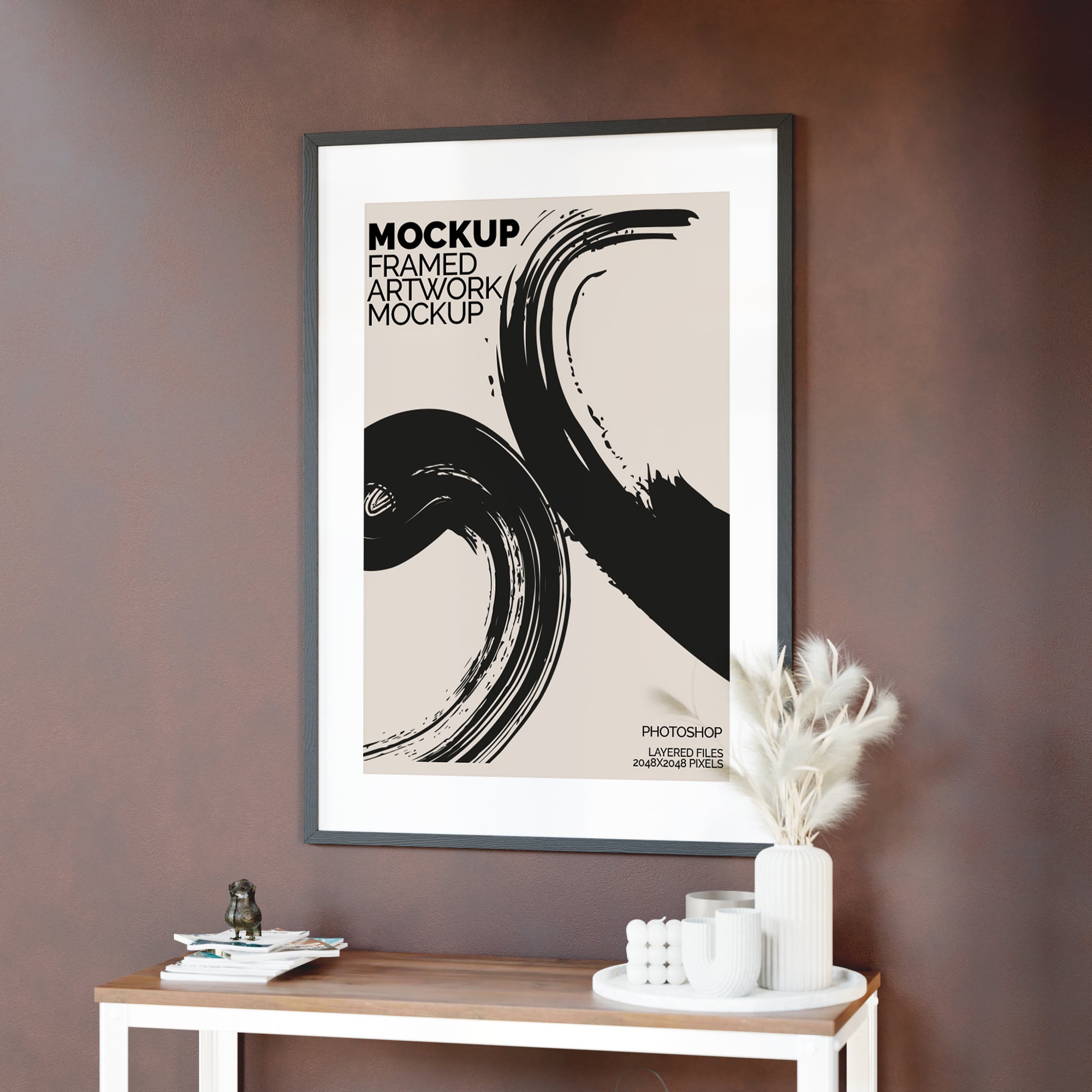 Framed Artwork Mockup Bundle – 6 PSDs with Dark Wall & Luxury Shelf Styling