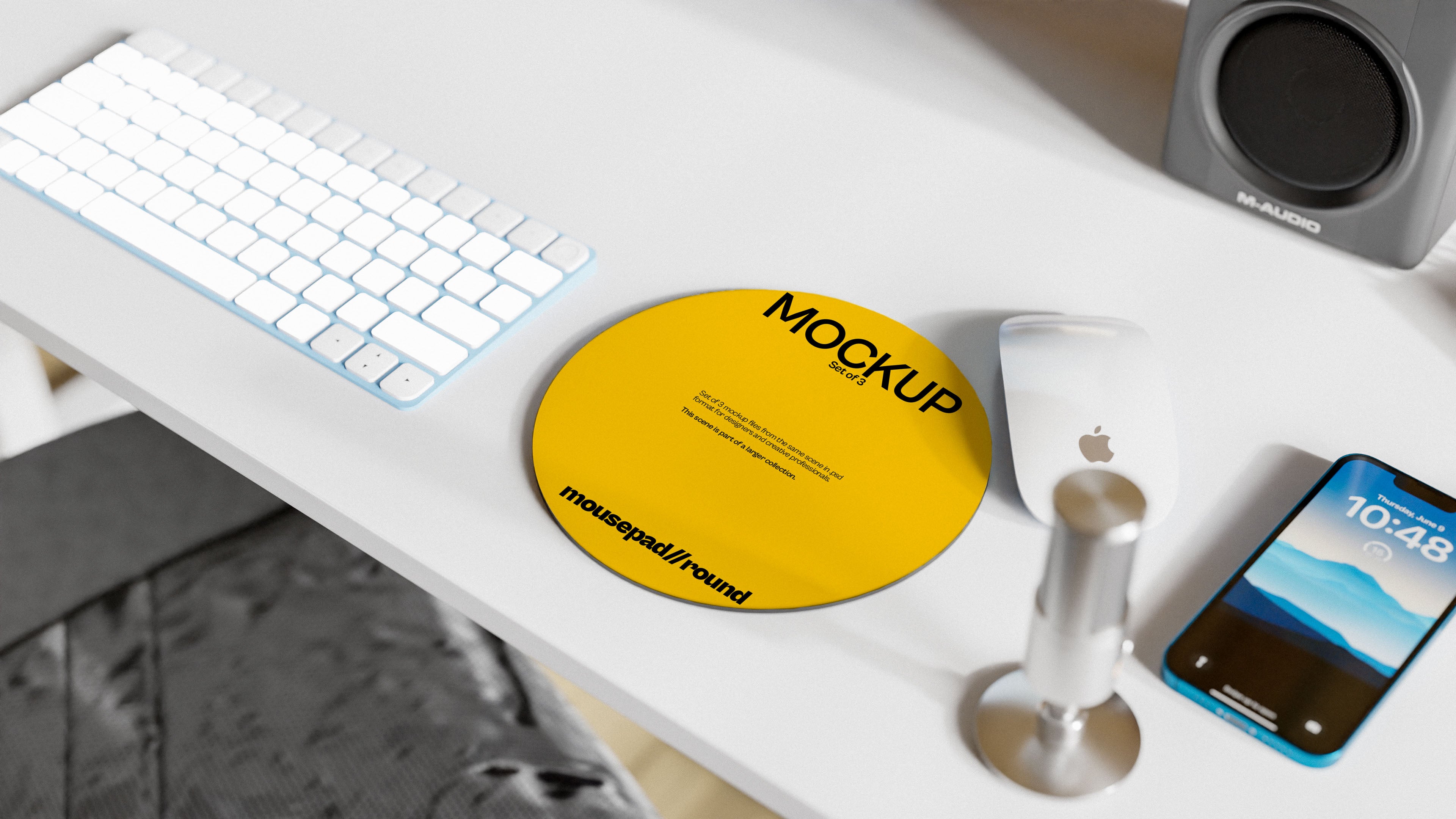 Round Mousepad Mockup Bundle – 3 PSDs in Lived-In Workspace