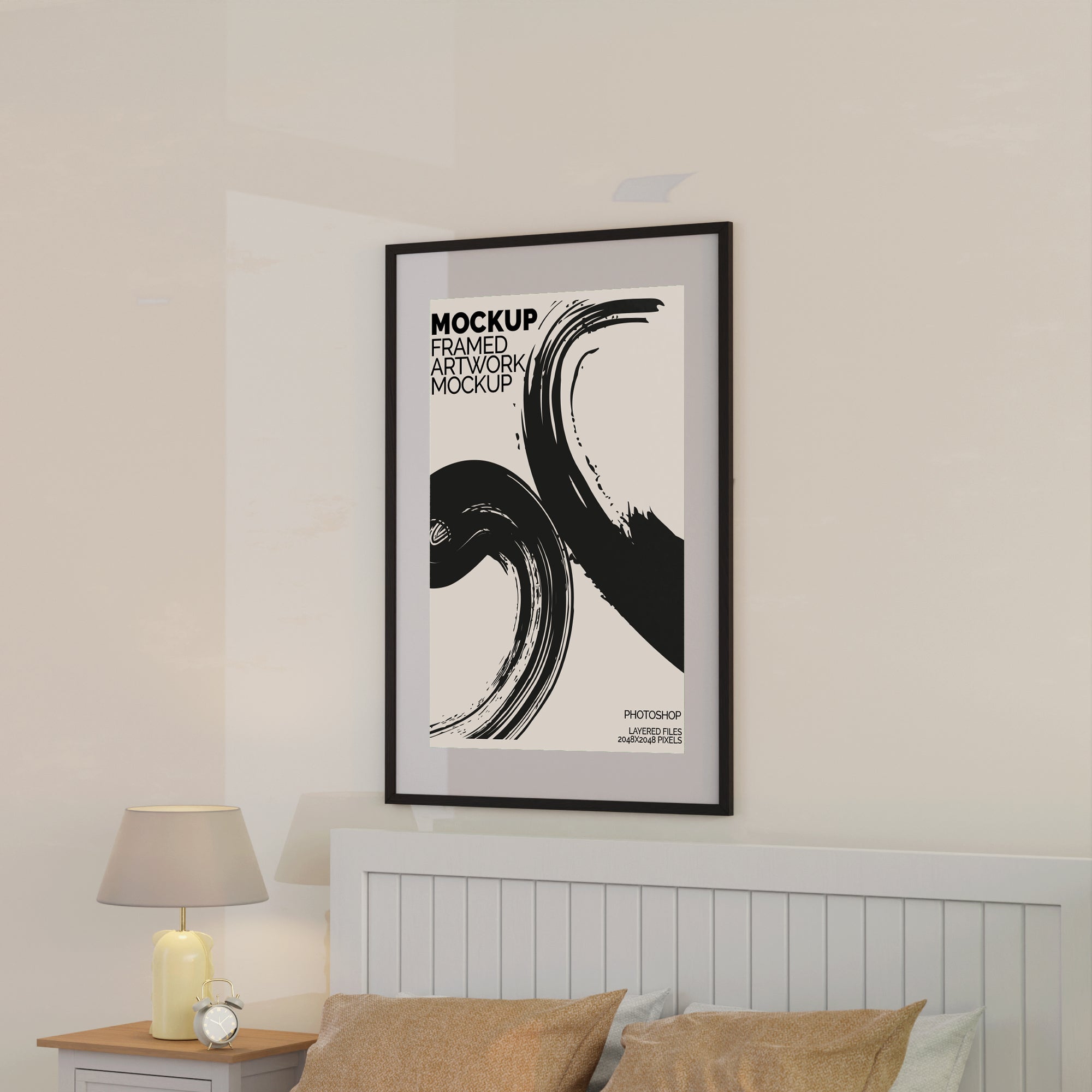 Large Framed Artwork Mockup Bundle – 6 PSDs in Contemporary Bedroom Setting