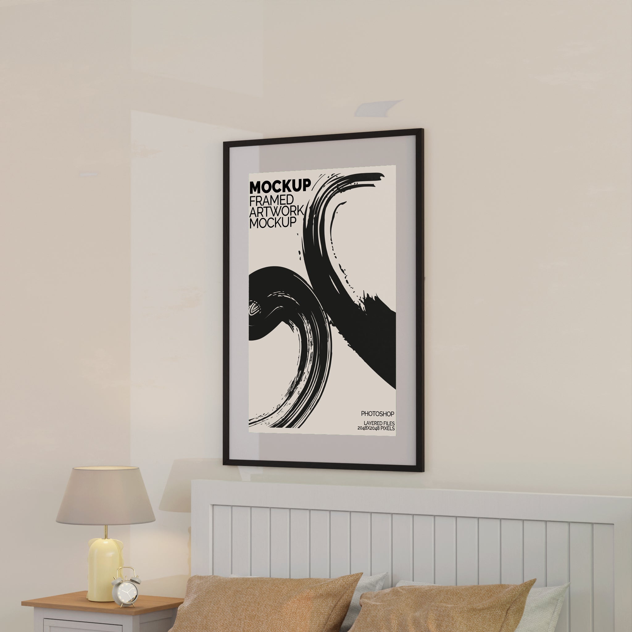 Large Framed Artwork Mockup Bundle – 6 PSDs in Contemporary Bedroom Setting