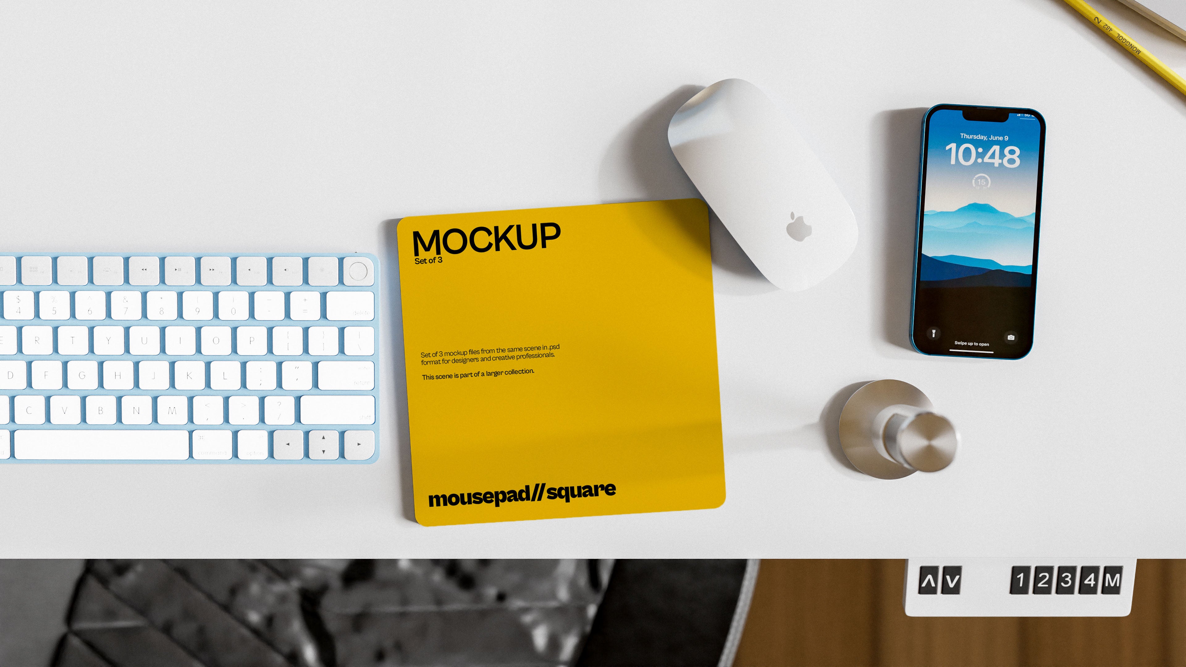 Square Mousepad Mockup Bundle – 3 PSDs in Home Office Behind Sofa