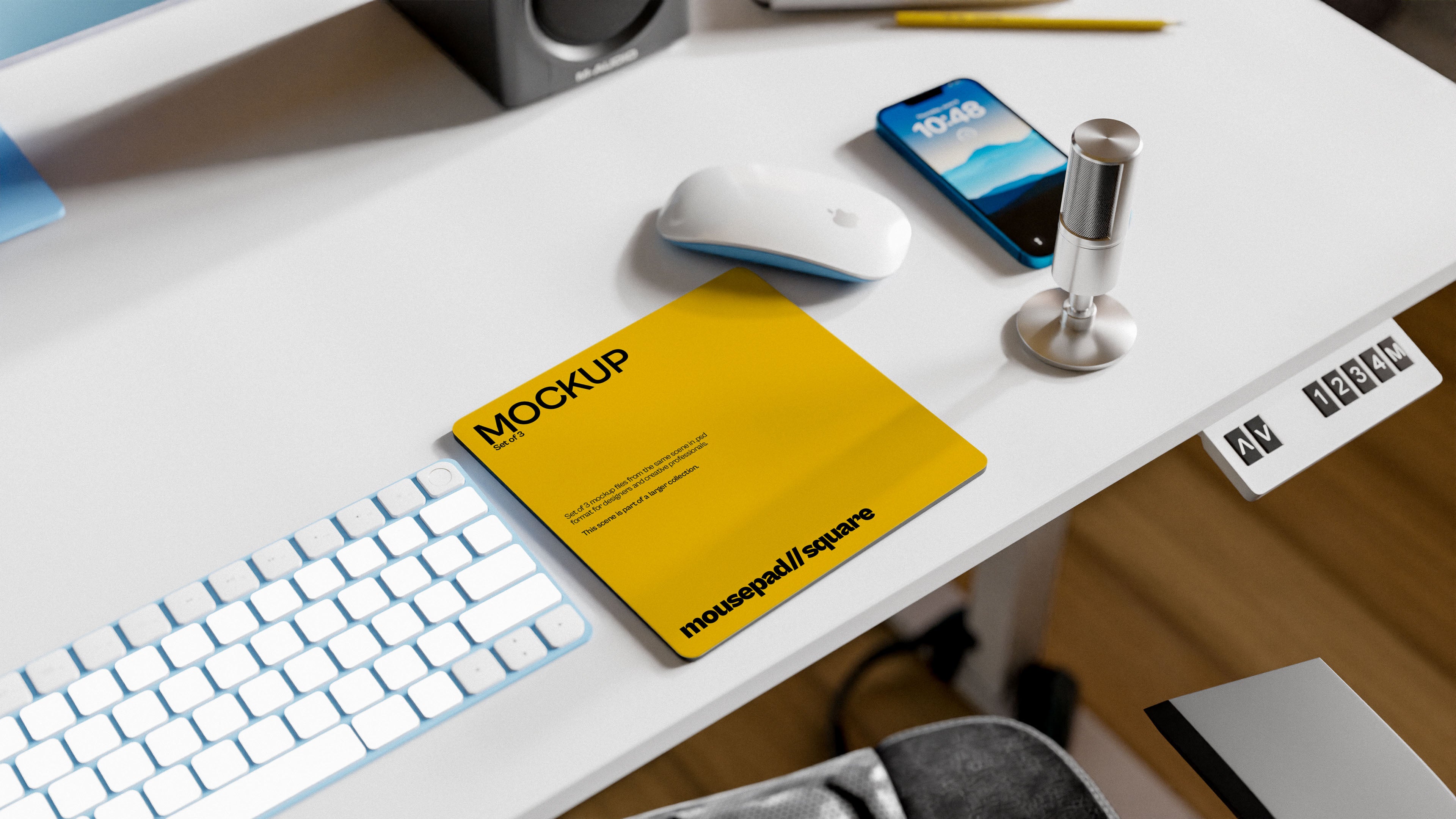 Square Mousepad Mockup Bundle – 3 PSDs in Home Office Behind Sofa