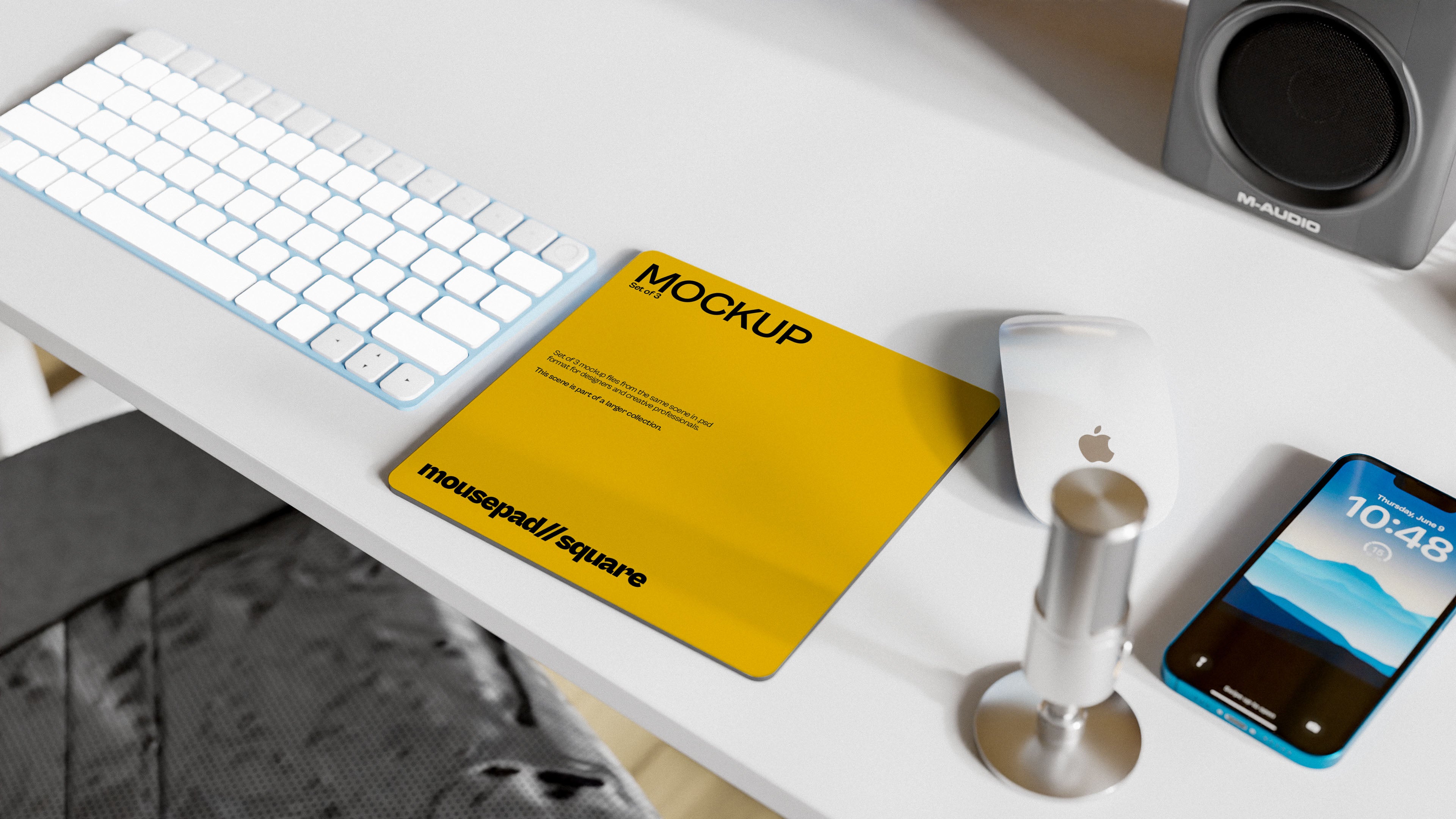 Square Mousepad Mockup Bundle – 3 PSDs in Home Office Behind Sofa