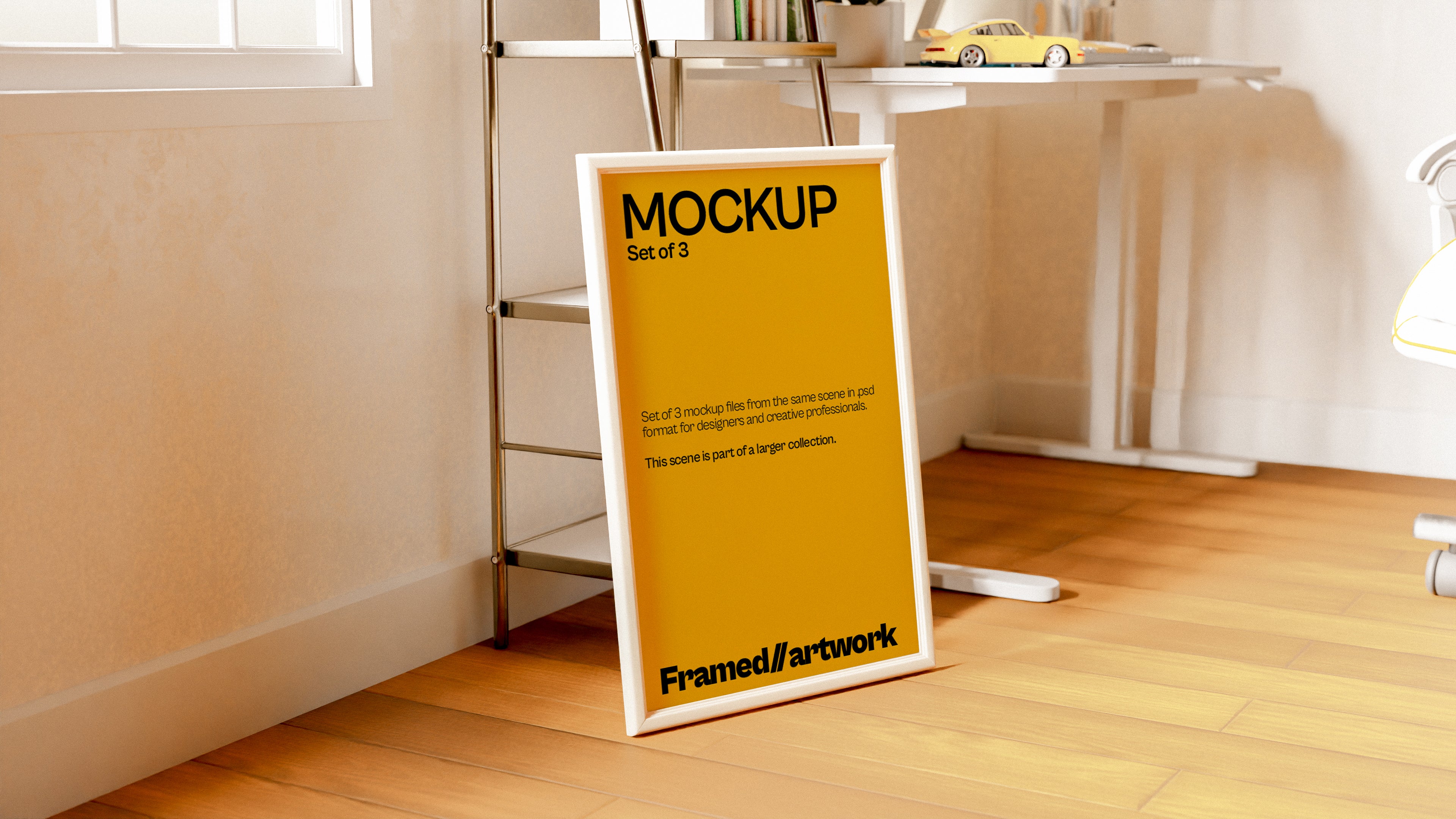 Framed Artwork Mockup Bundle – 3 PSDs Leaned Against Desk in Dark Scene | Surge Collection