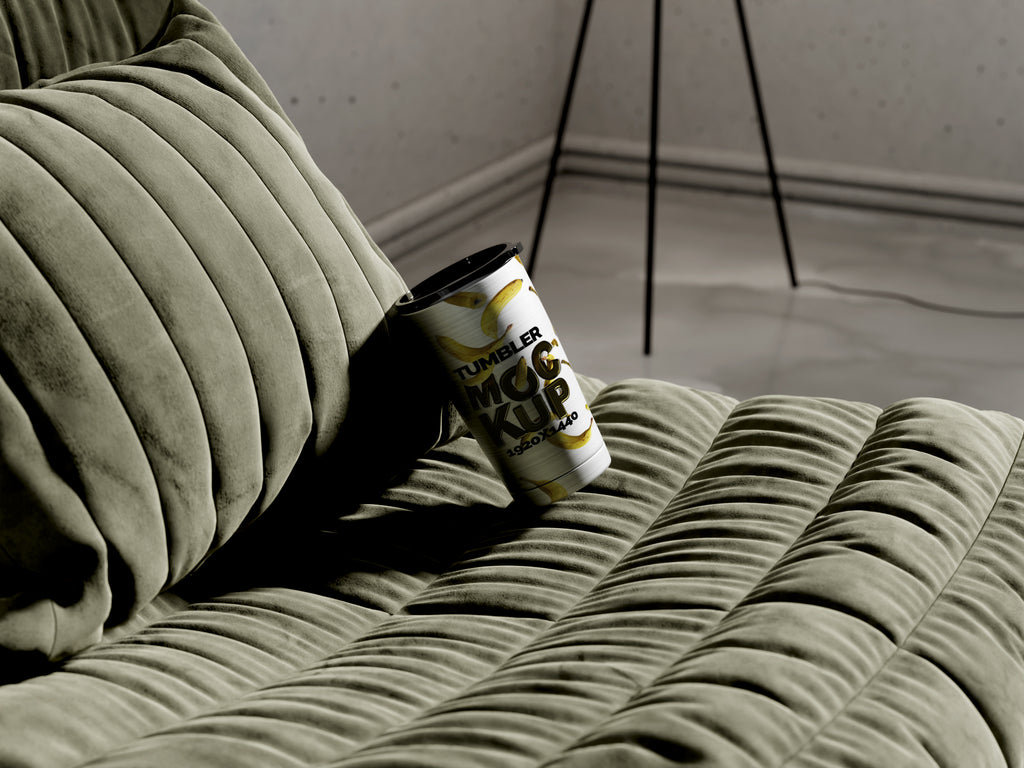 Cone Shaped Silver Sublimation Tumbler Mockup Bundle – 6 PSDs on Sofa | Crest Collection