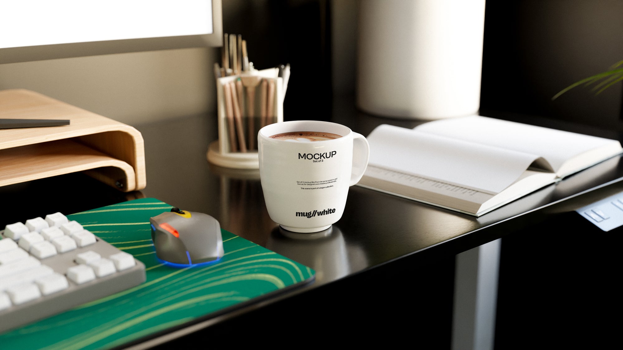 Curved White Coffee Mug Mockup Bundle – 3 PSDs in Calm Interior | Sanctum Collection