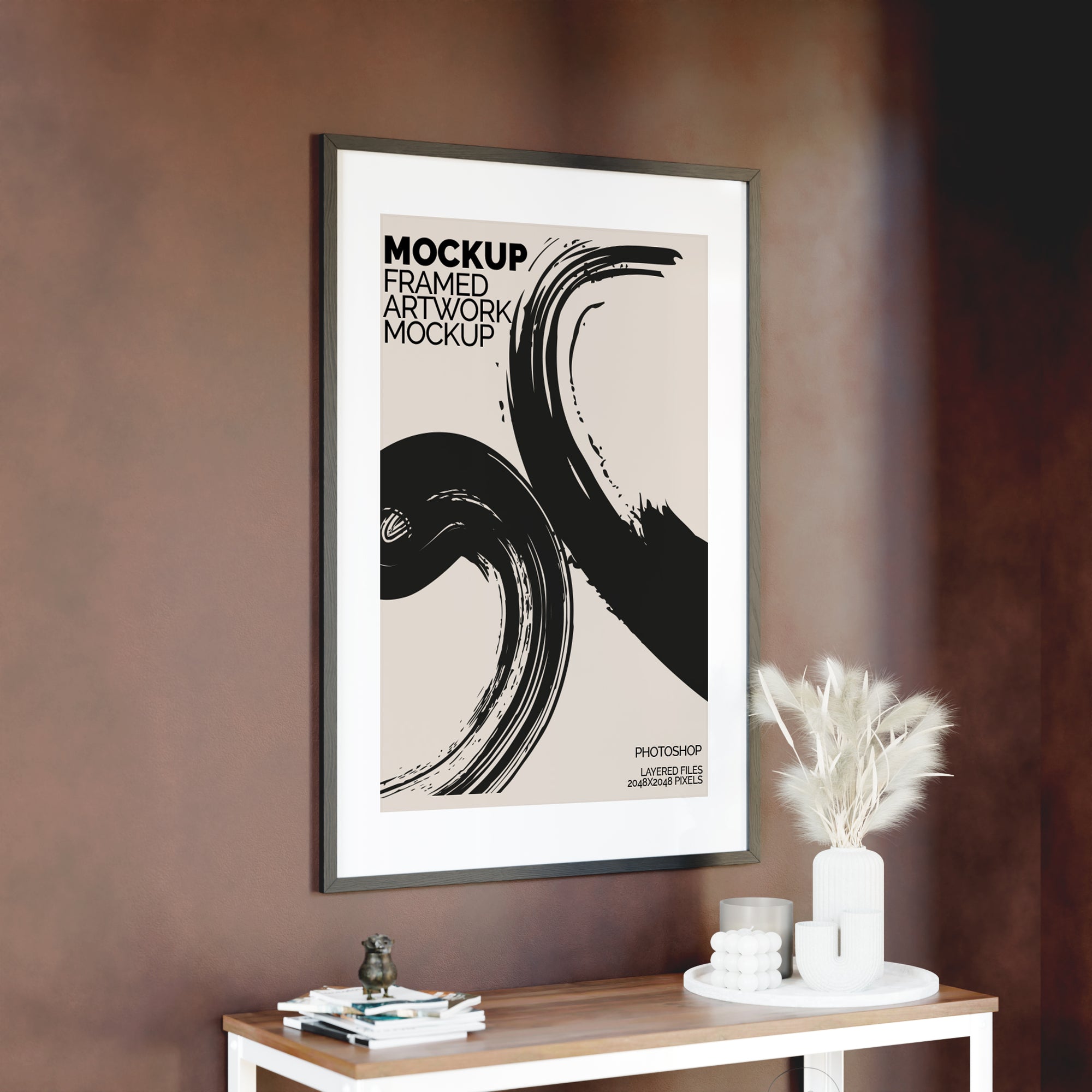 Framed Artwork Mockup Bundle – 6 PSDs with Dark Wall & Luxury Shelf Styling