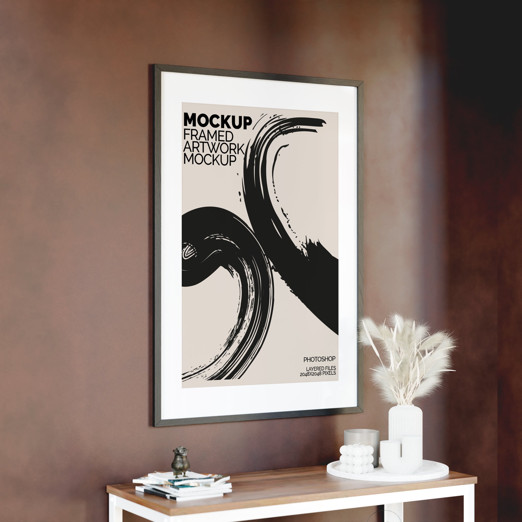 Framed Artwork Mockup Bundle – 6 PSDs with Dark Wall & Luxury Shelf Styling