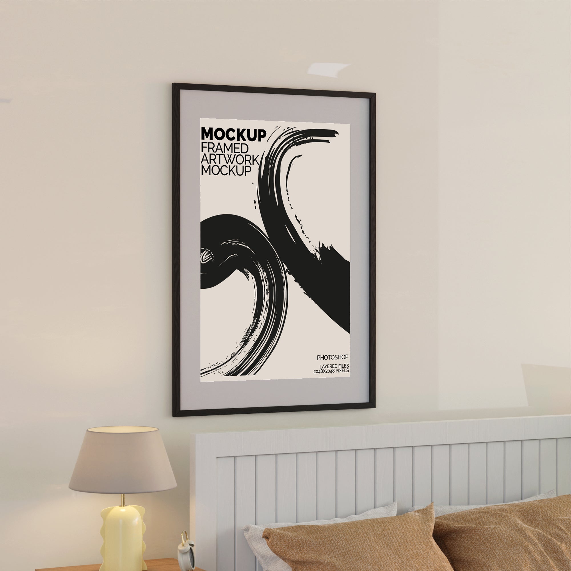Large Framed Artwork Mockup Bundle – 6 PSDs in Contemporary Bedroom Setting