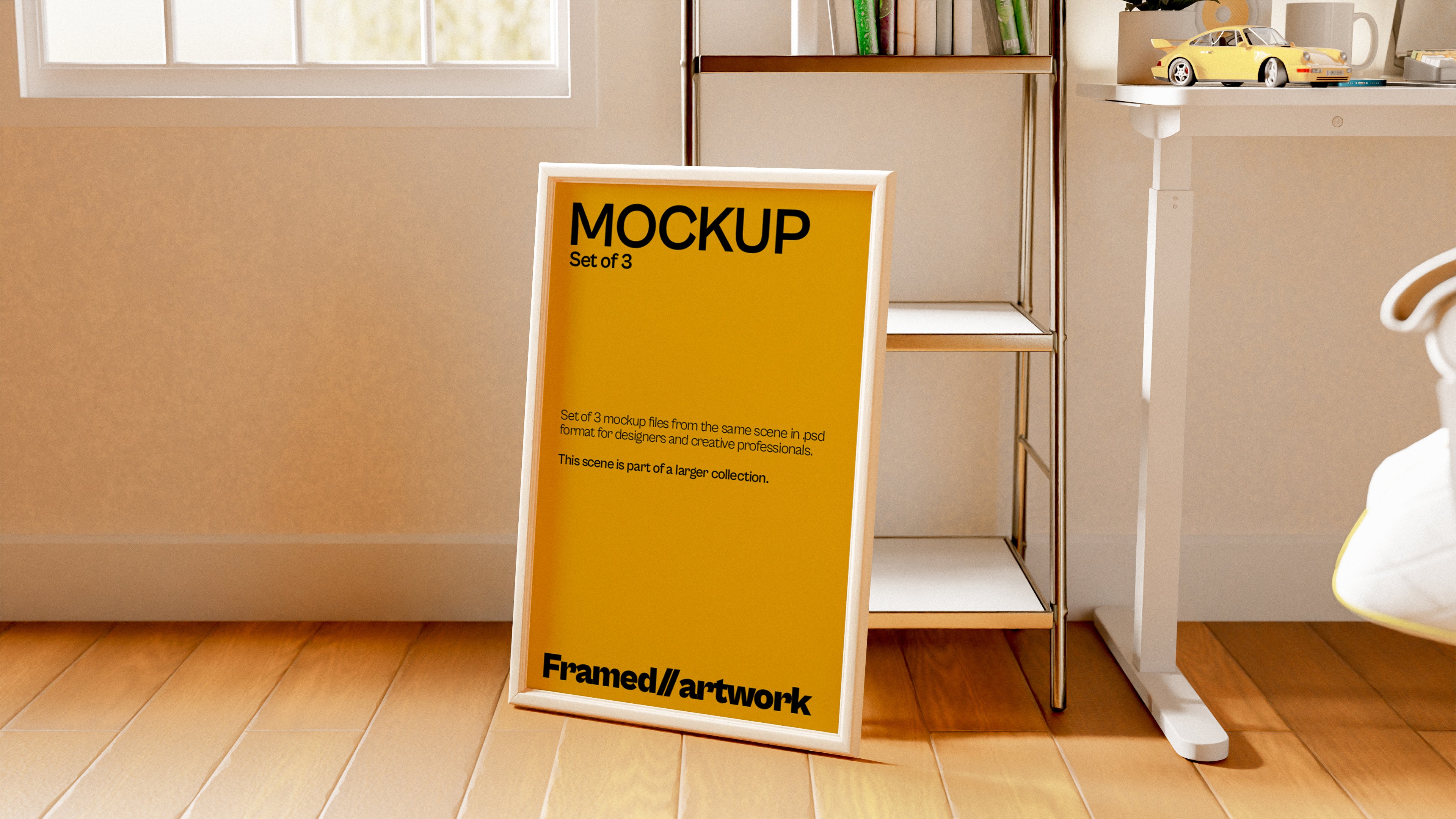Framed Artwork Mockup Bundle – 3 PSDs Leaned Against Desk in Dark Scene | Surge Collection