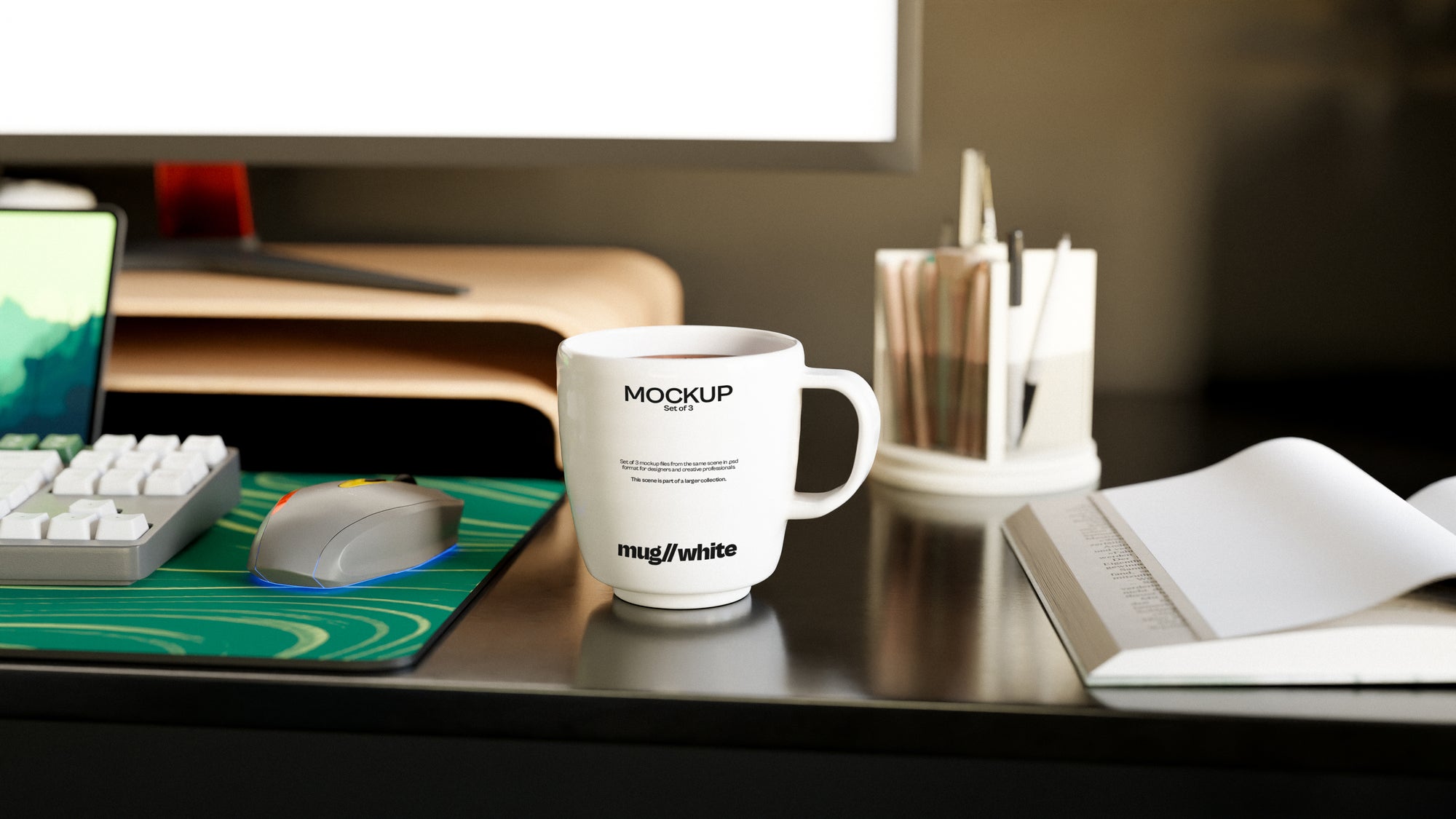 Curved White Coffee Mug Mockup Bundle – 3 PSDs in Calm Interior | Sanctum Collection