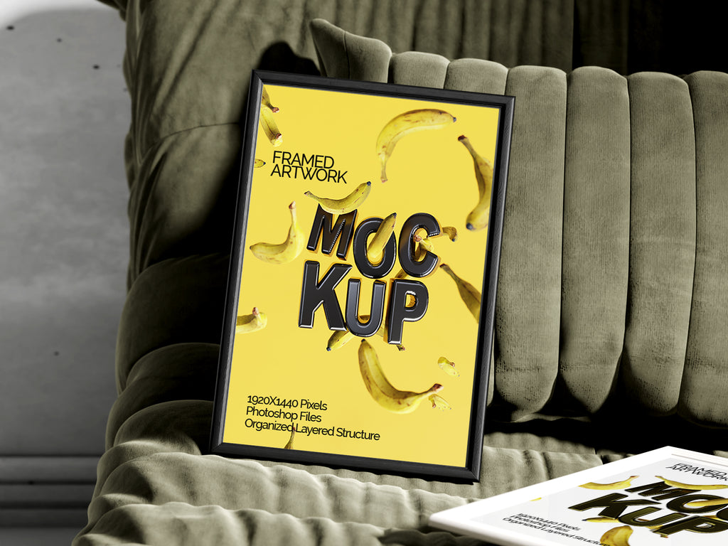 2 Small Framed Artwork Mockup Bundle – 7 PSDs with Frames on Sofa | Crest Collection