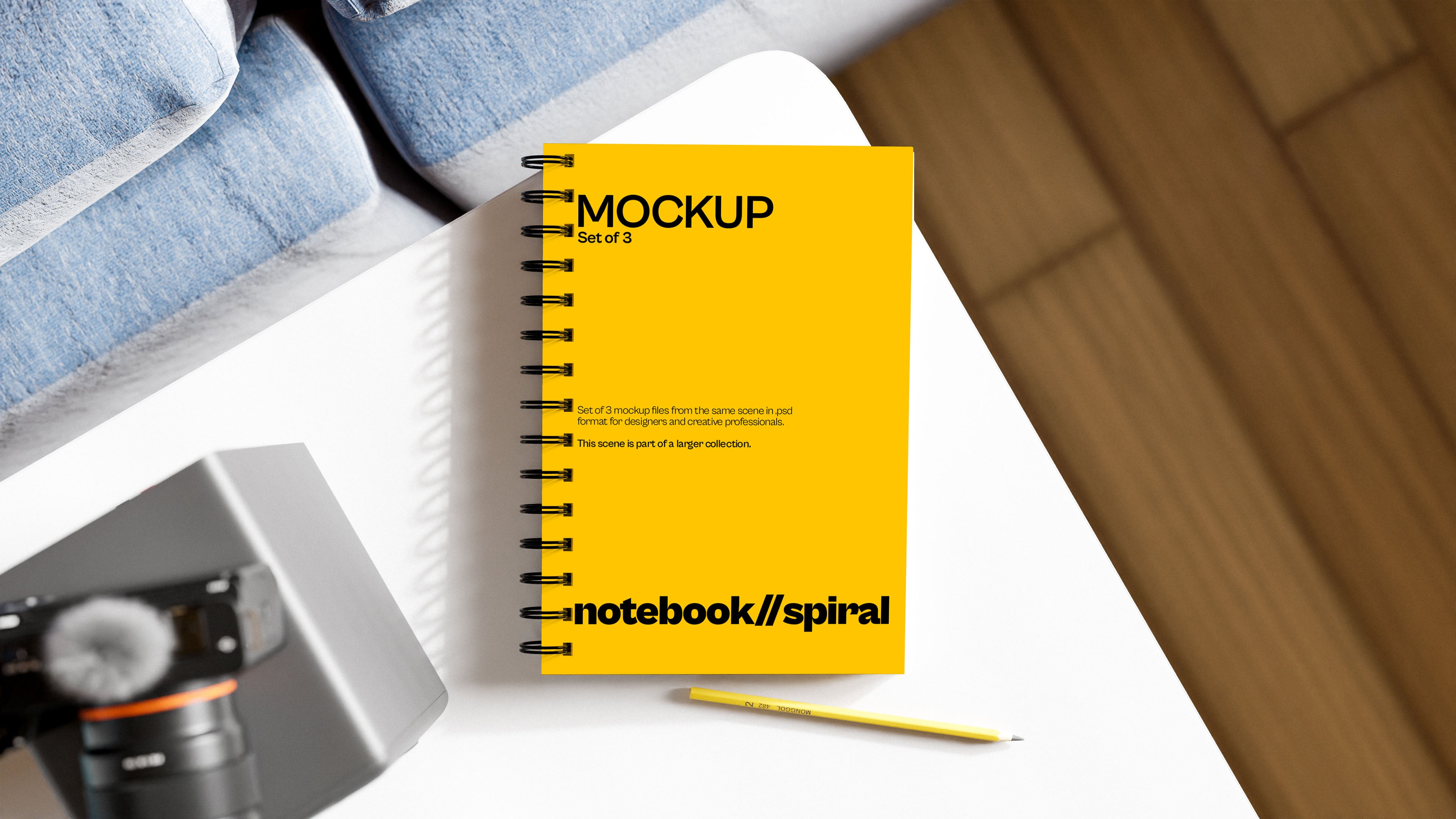 Spiral Notebook Mockup Bundle – 3 PSDs in Relaxed Living Room