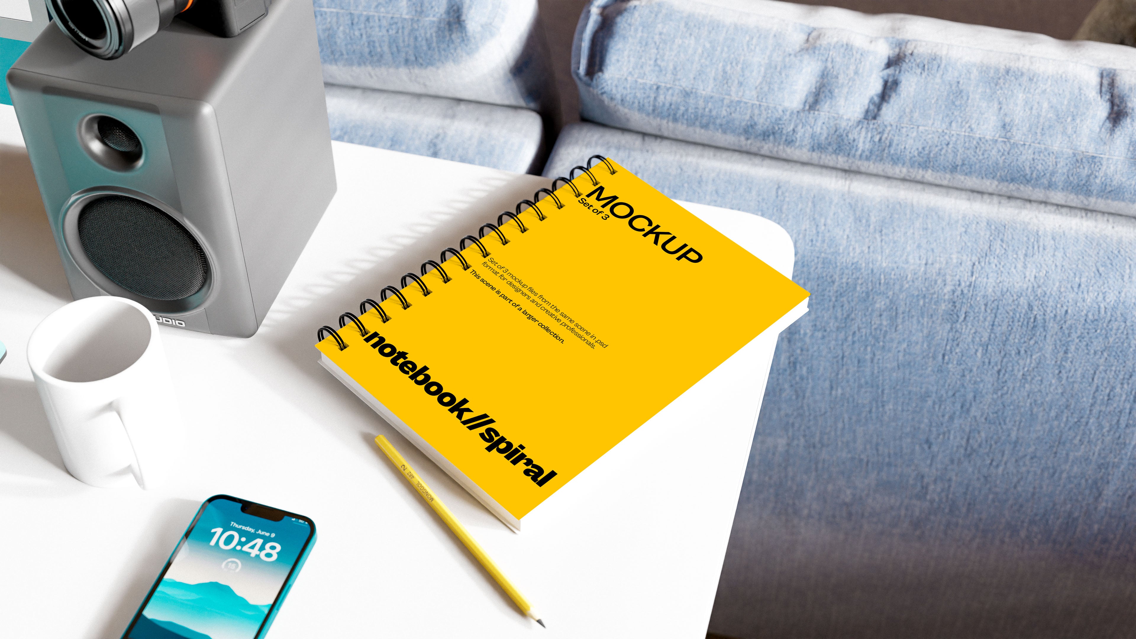 Spiral Notebook Mockup Bundle – 3 PSDs in Relaxed Living Room