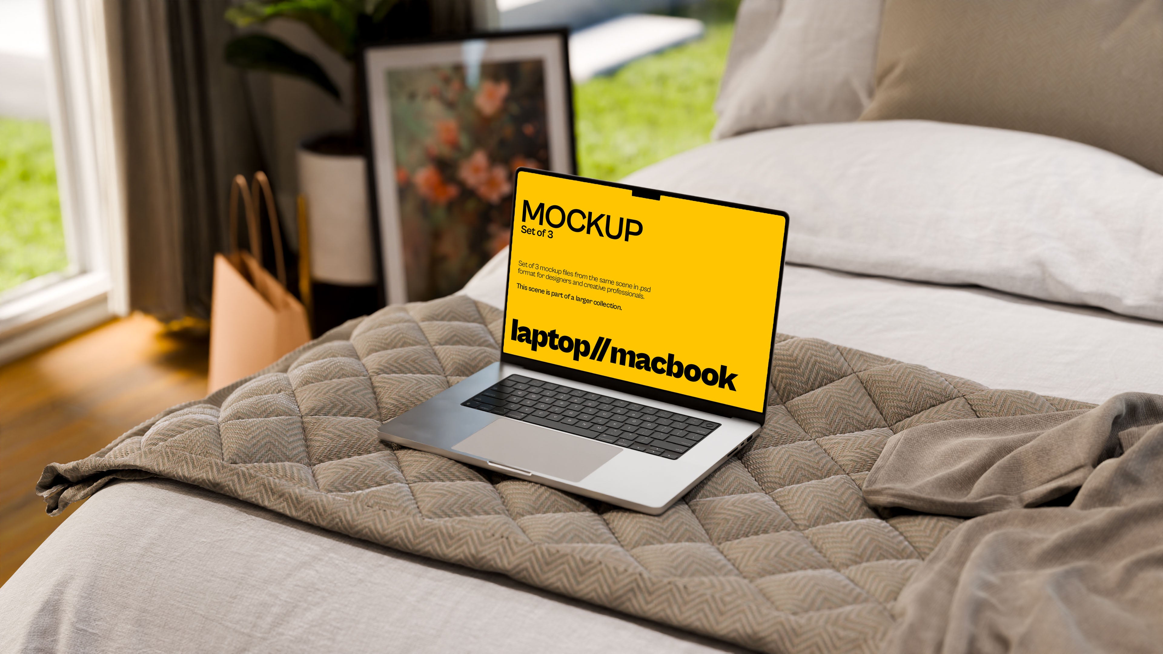 MacBook Screen Mockup Bundle – 3 PSDs on Bed Corner | Elysian Collection