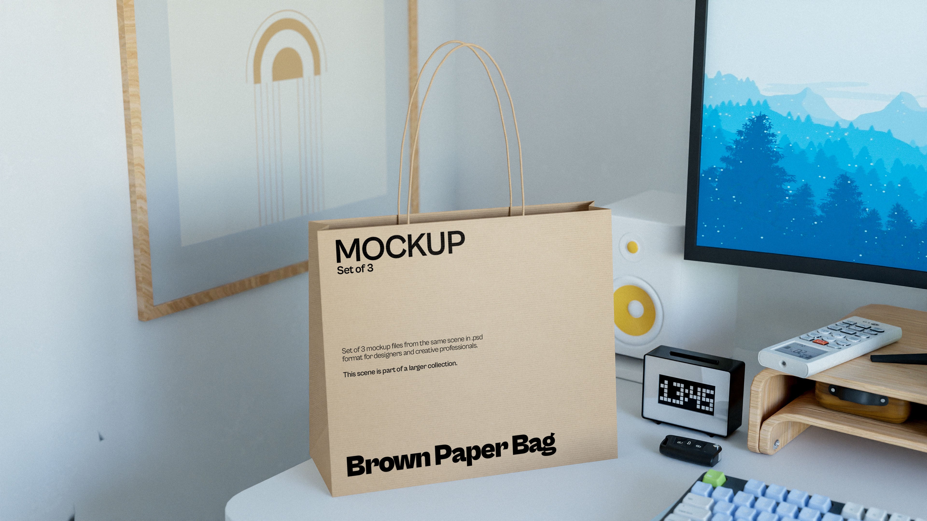 Paper Bag Mockup Bundle – 3 PSDs in Bright Minimal Interior | Lumen Collection