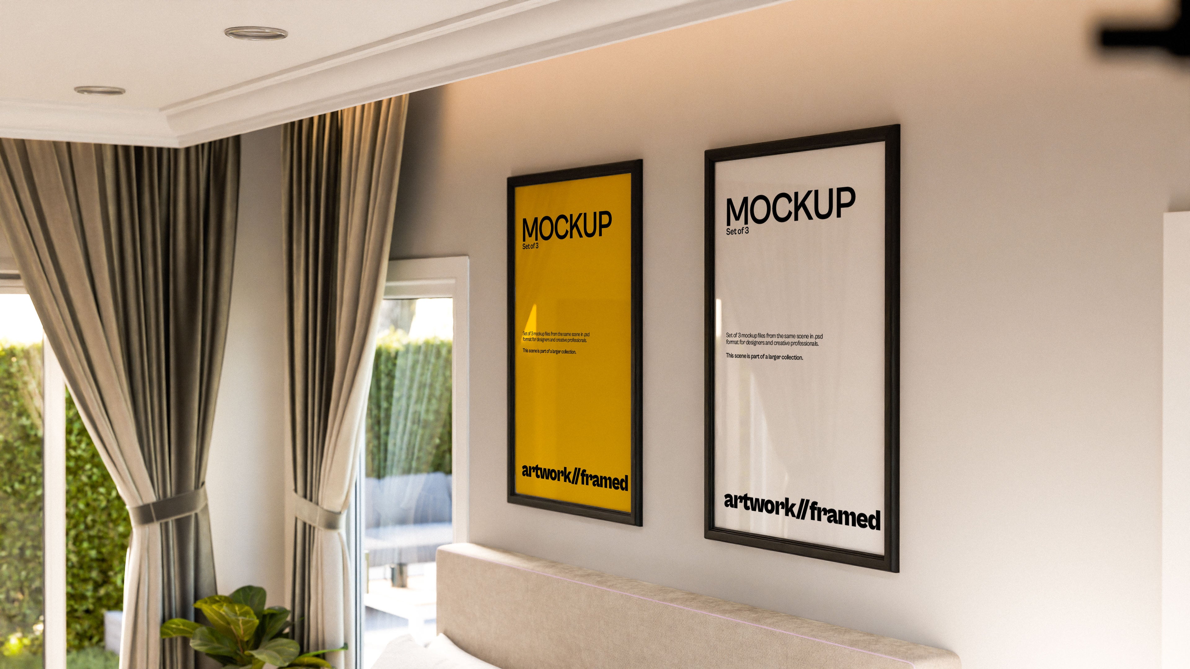 2 Framed Artwork Mockup Bundle – 3 PSDs in Soft Minimal Scene | Elysian Collection