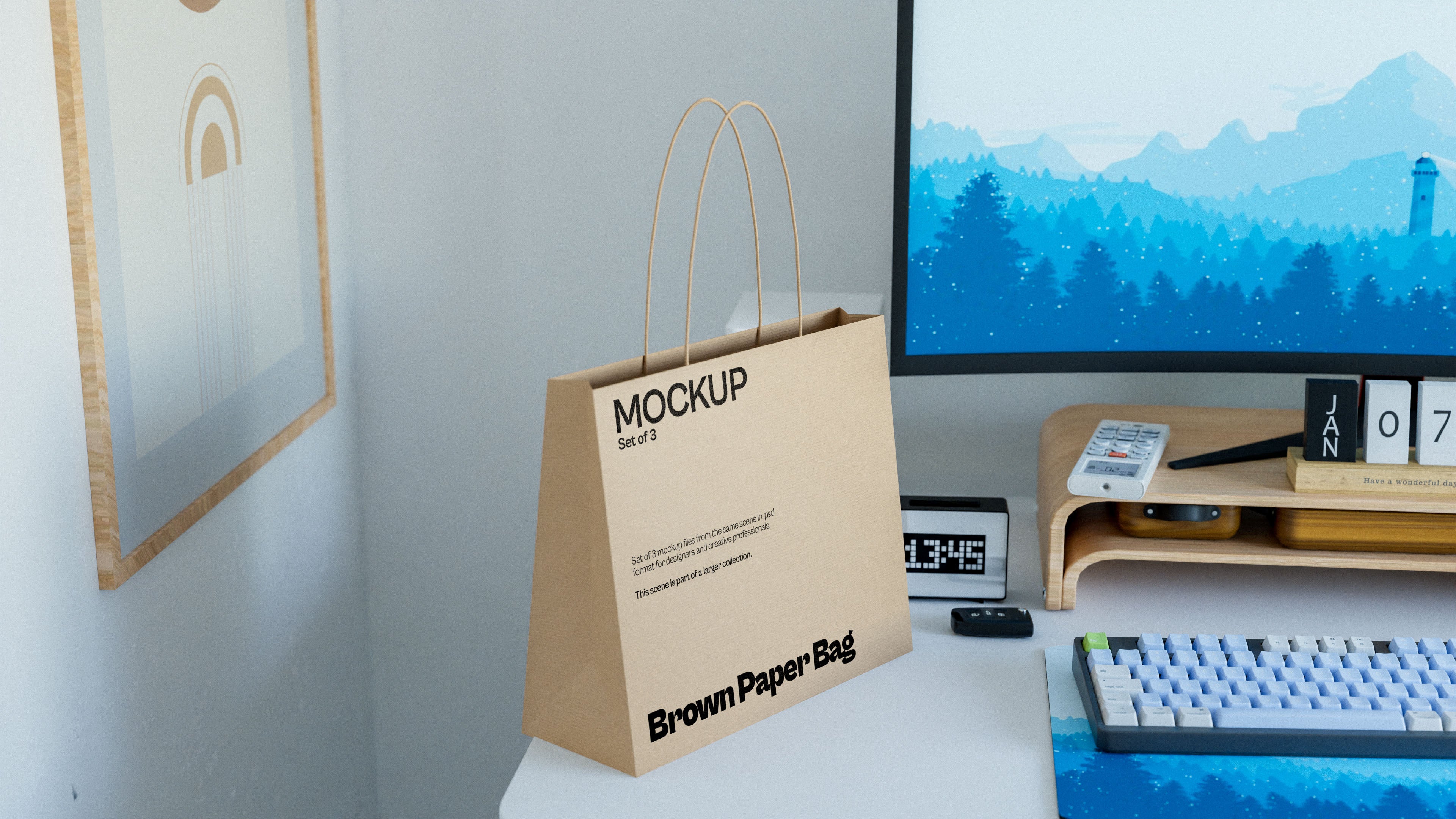 Paper Bag Mockup Bundle – 3 PSDs in Bright Minimal Interior | Lumen Collection