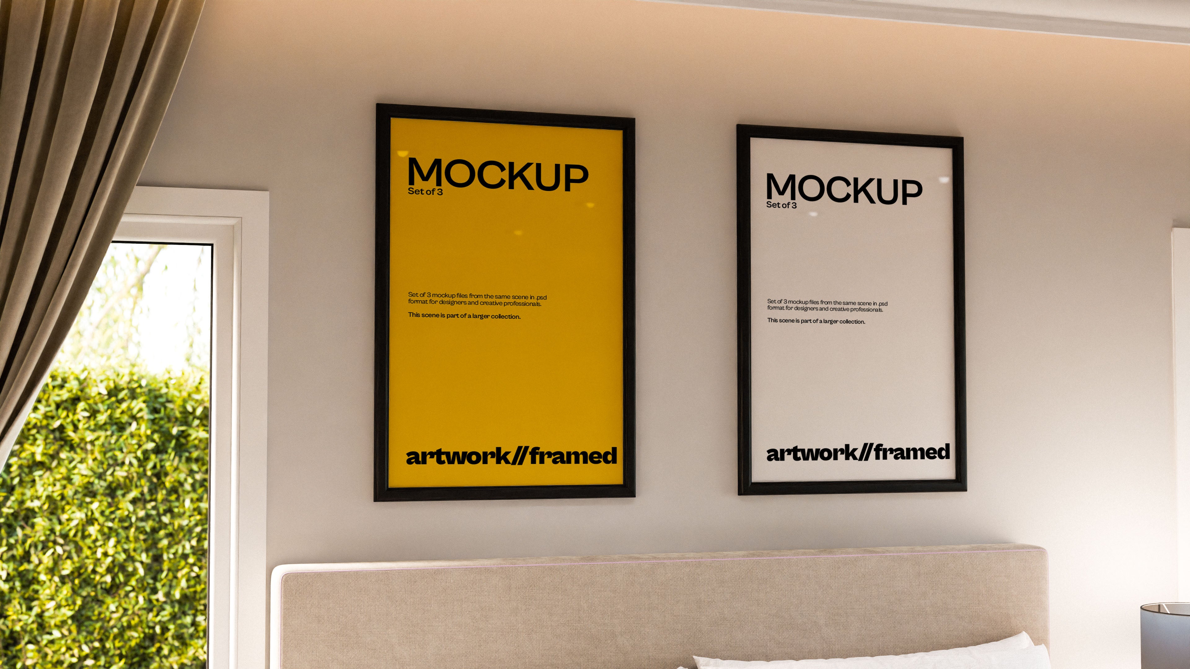 2 Framed Artwork Mockup Bundle – 3 PSDs in Soft Minimal Scene | Elysian Collection