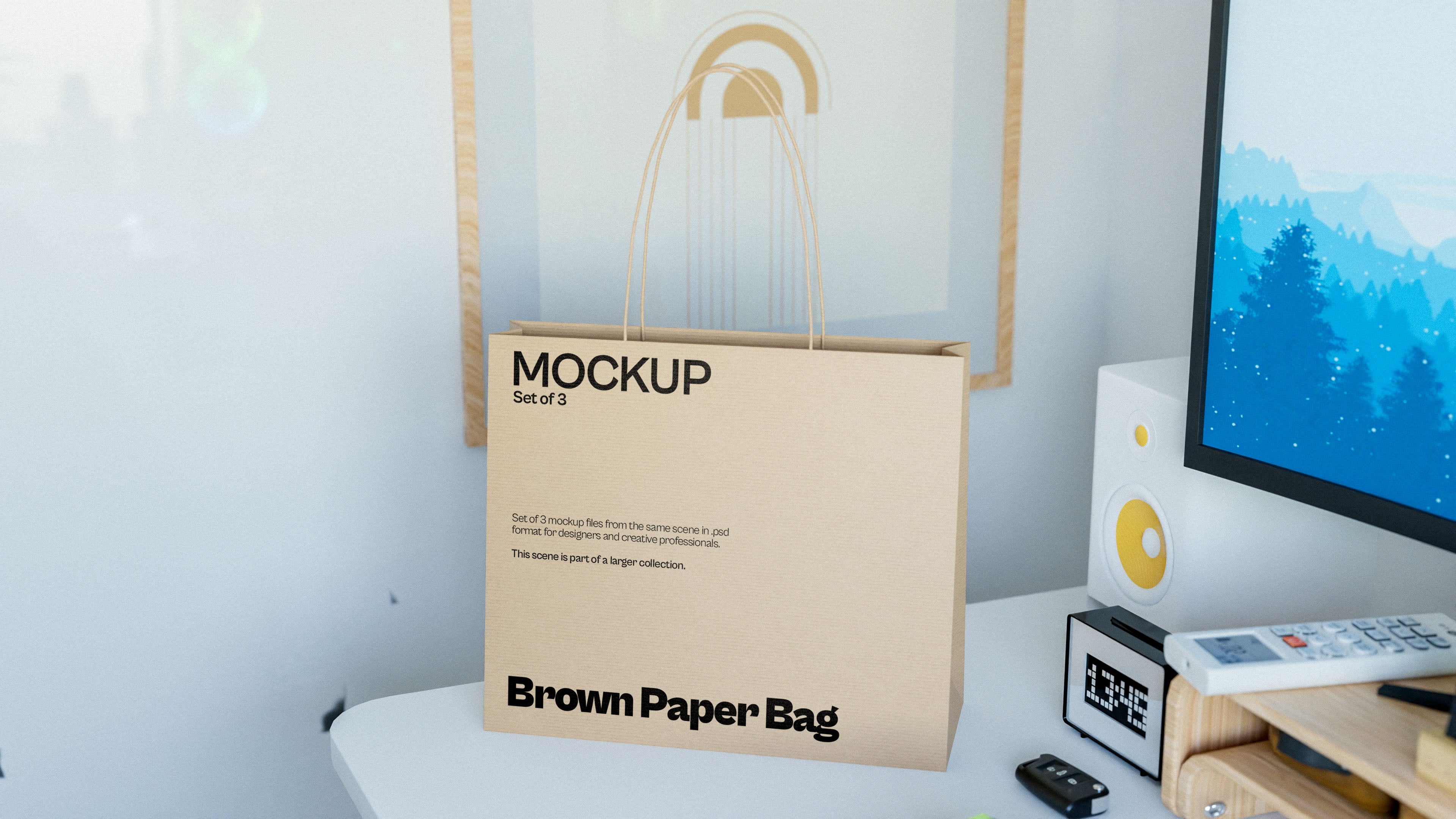 Paper Bag Mockup Bundle – 3 PSDs in Bright Minimal Interior | Lumen Collection