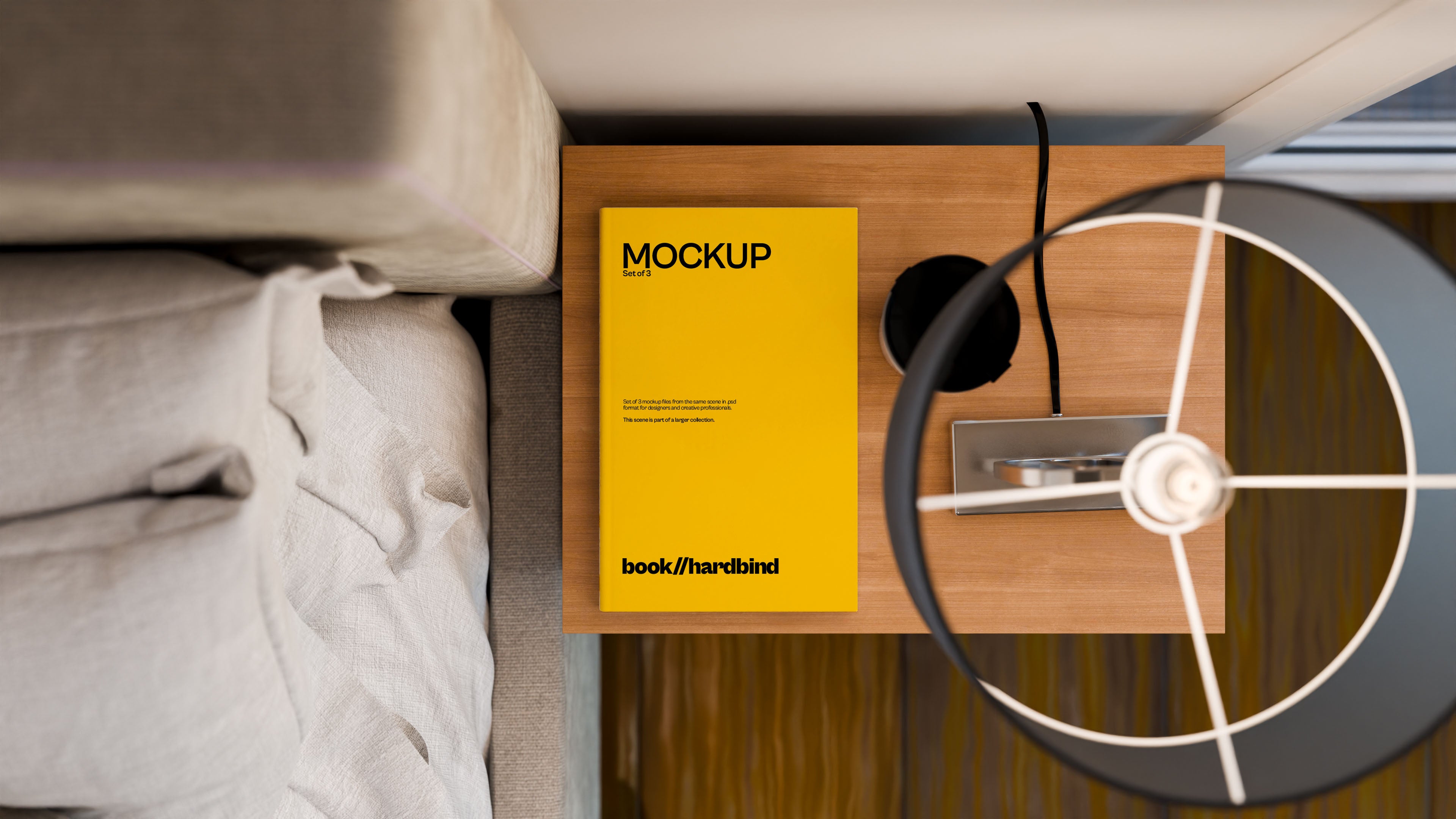 Hardbound Book Cover Mockup Bundle – 3 PSDs on Bedside Table | Elysian Collection