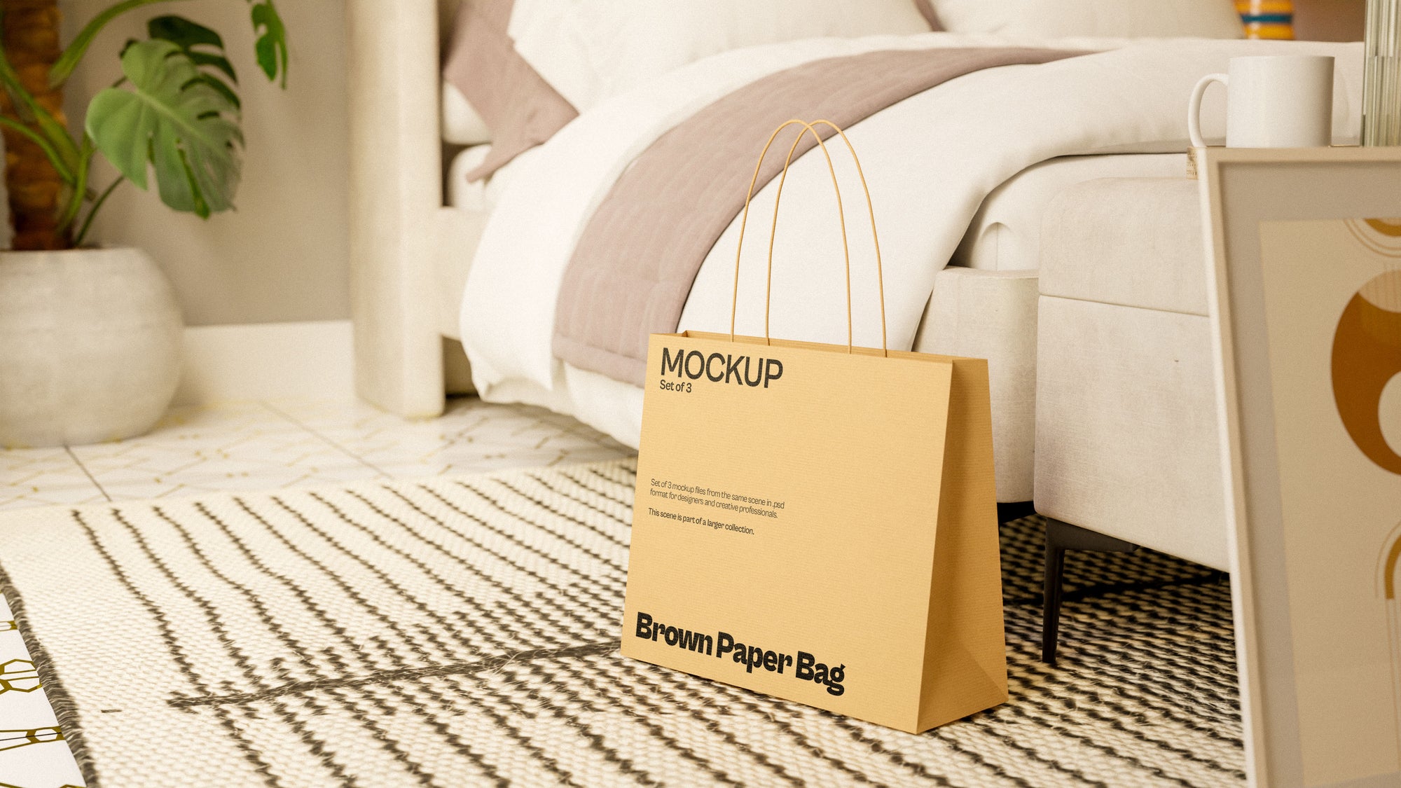 Brown Paper Bag Mockup Bundle – 3 PSDs in Elegant Soft Scene | Seraphic Collection
