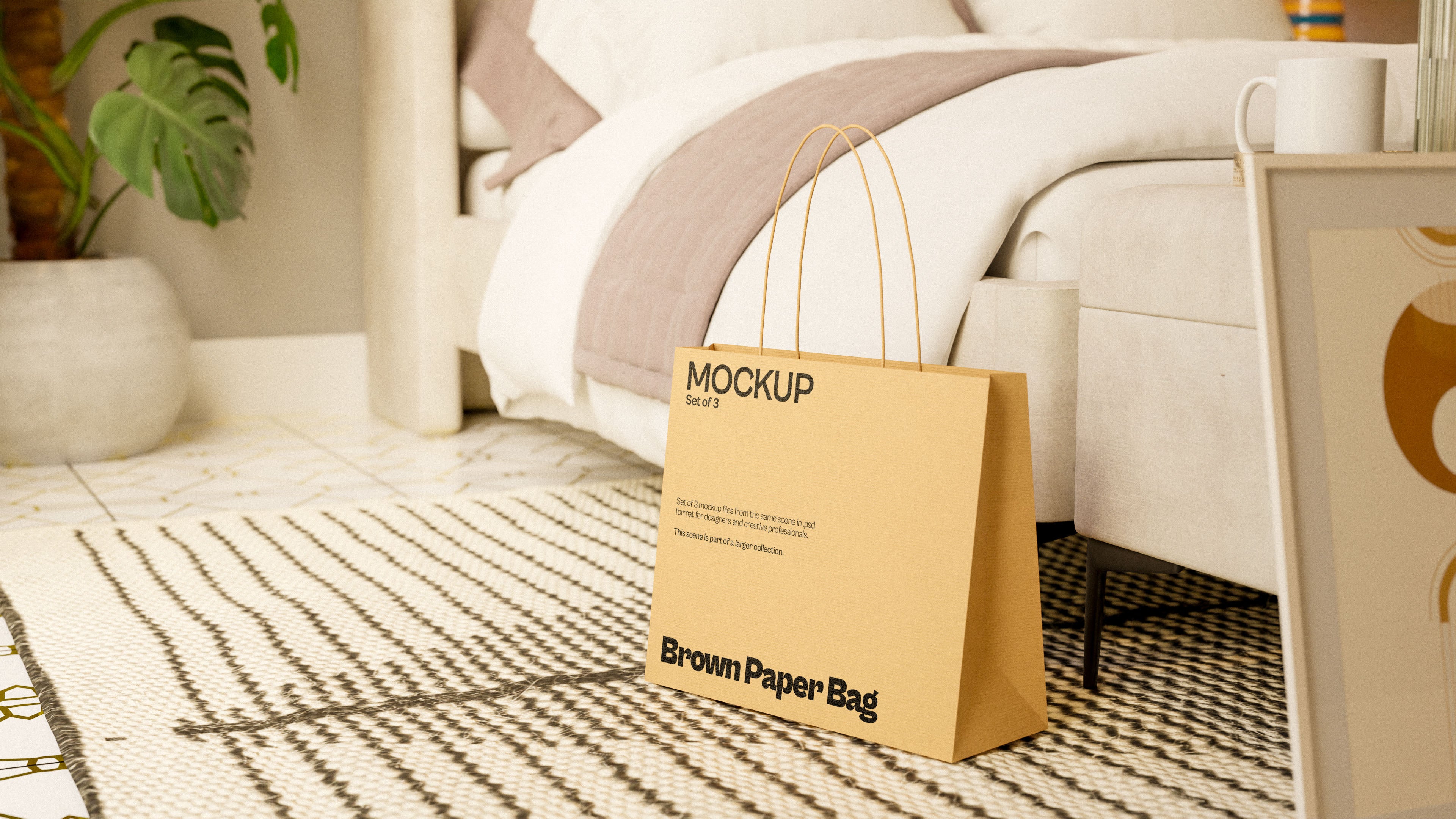 Brown Paper Bag Mockup Bundle – 3 PSDs in Elegant Soft Scene | Seraphic Collection