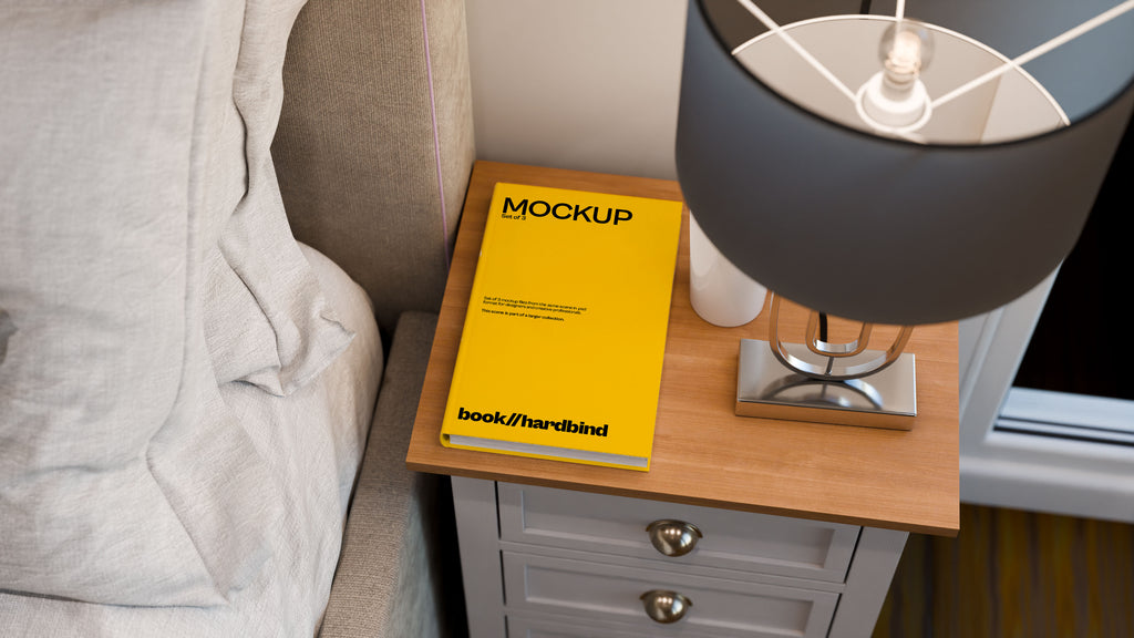 Hardbound Book Cover Mockup Bundle – 3 PSDs on Bedside Table | Elysian Collection