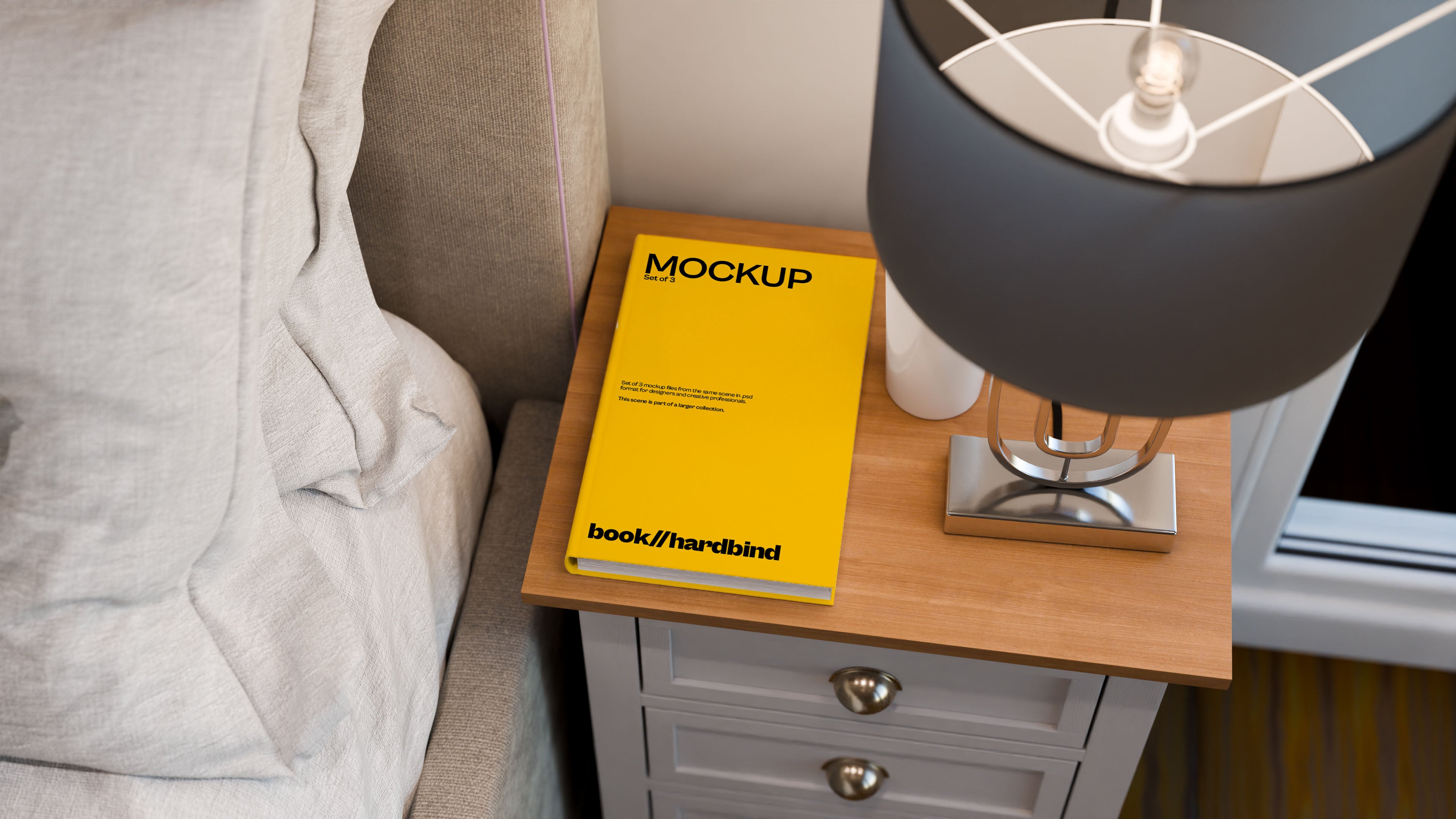 Hardbound Book Cover Mockup Bundle – 3 PSDs on Bedside Table | Elysian Collection