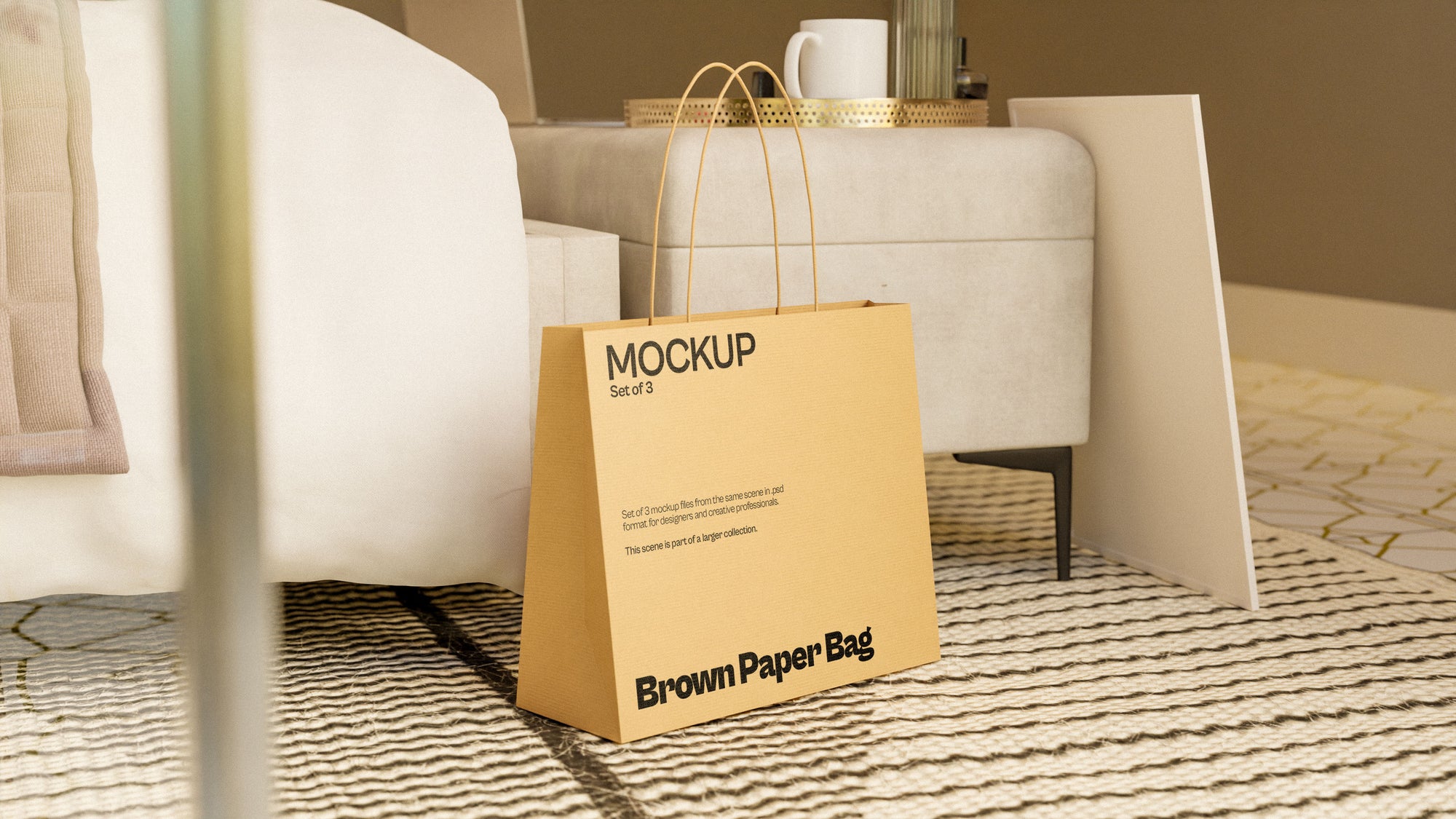 Brown Paper Bag Mockup Bundle – 3 PSDs in Elegant Soft Scene | Seraphic Collection