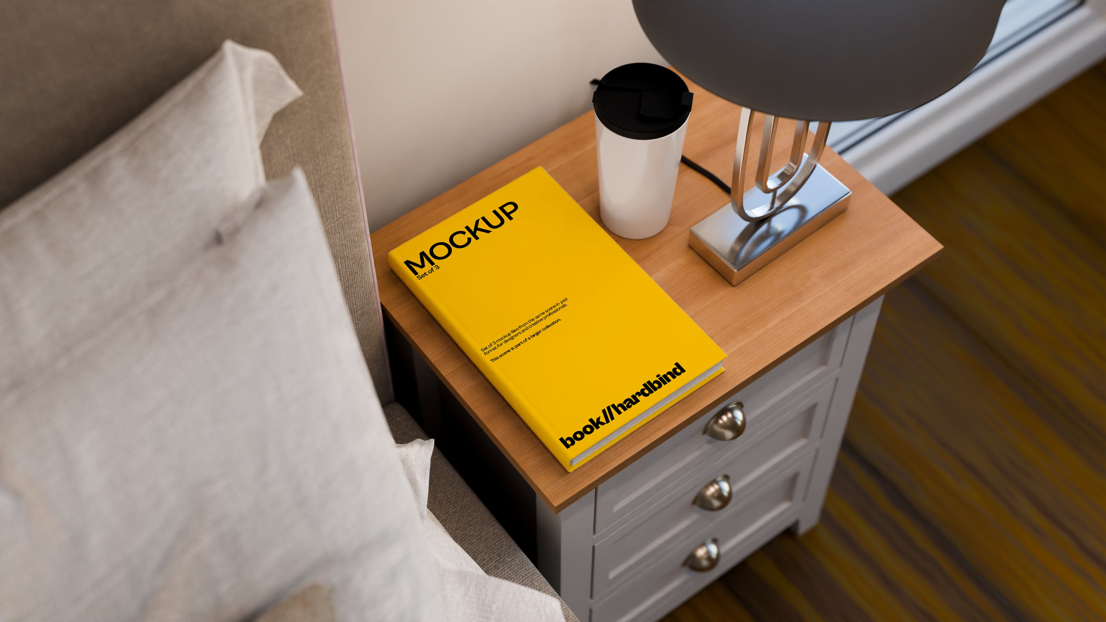 Hardbound Book Cover Mockup Bundle – 3 PSDs on Bedside Table | Elysian Collection