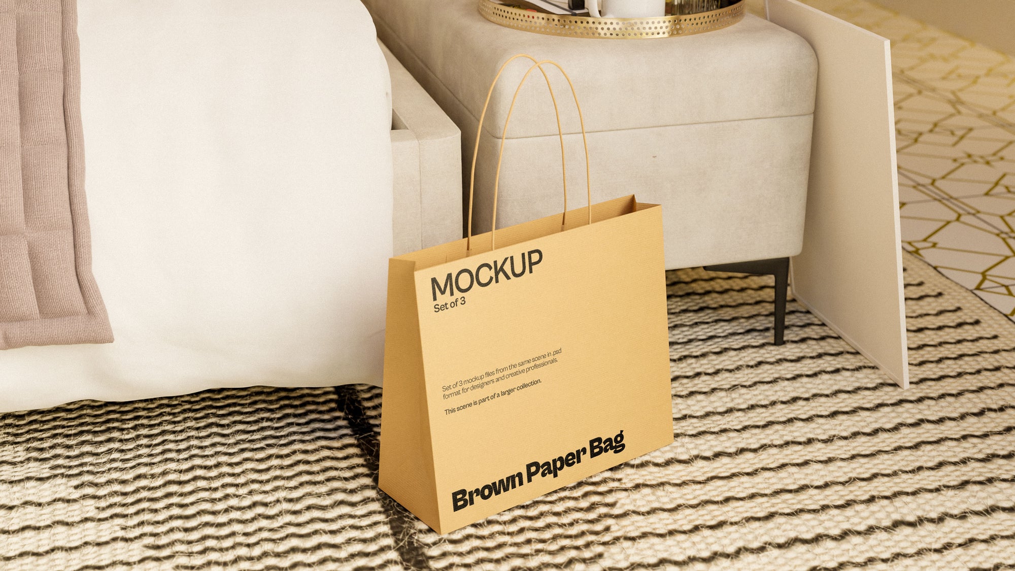 Brown Paper Bag Mockup Bundle – 3 PSDs in Elegant Soft Scene | Seraphic Collection