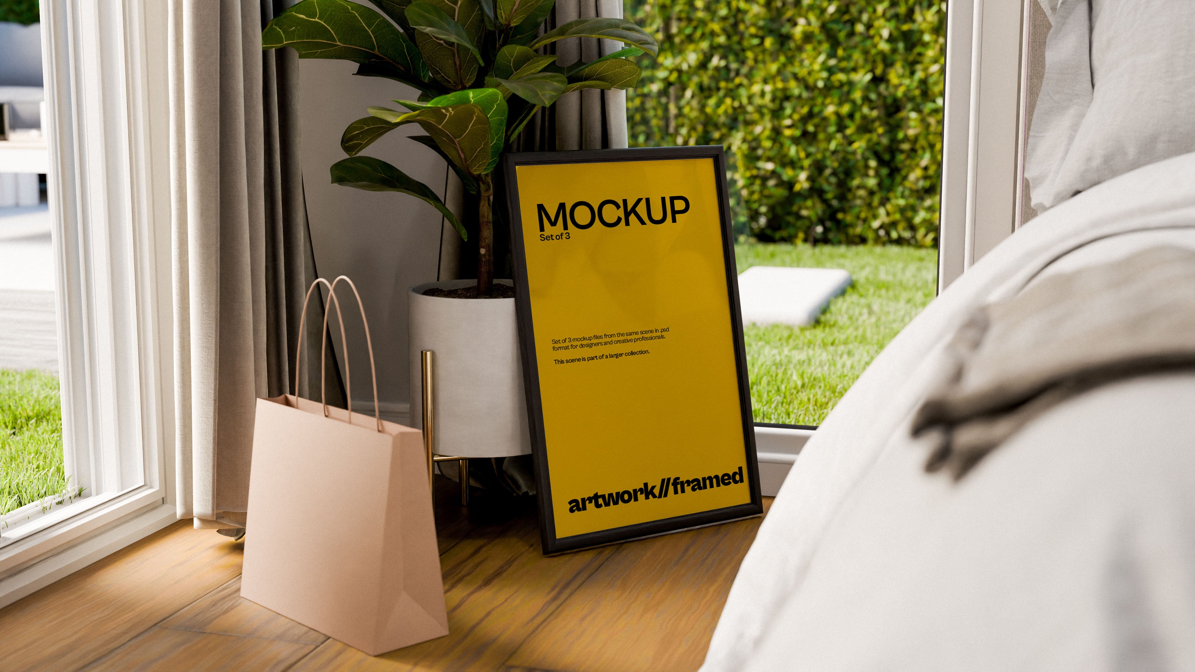 Framed Artwork on Floor Mockup Bundle – 3 PSDs in Soft Minimal Scene | Elysian Collection