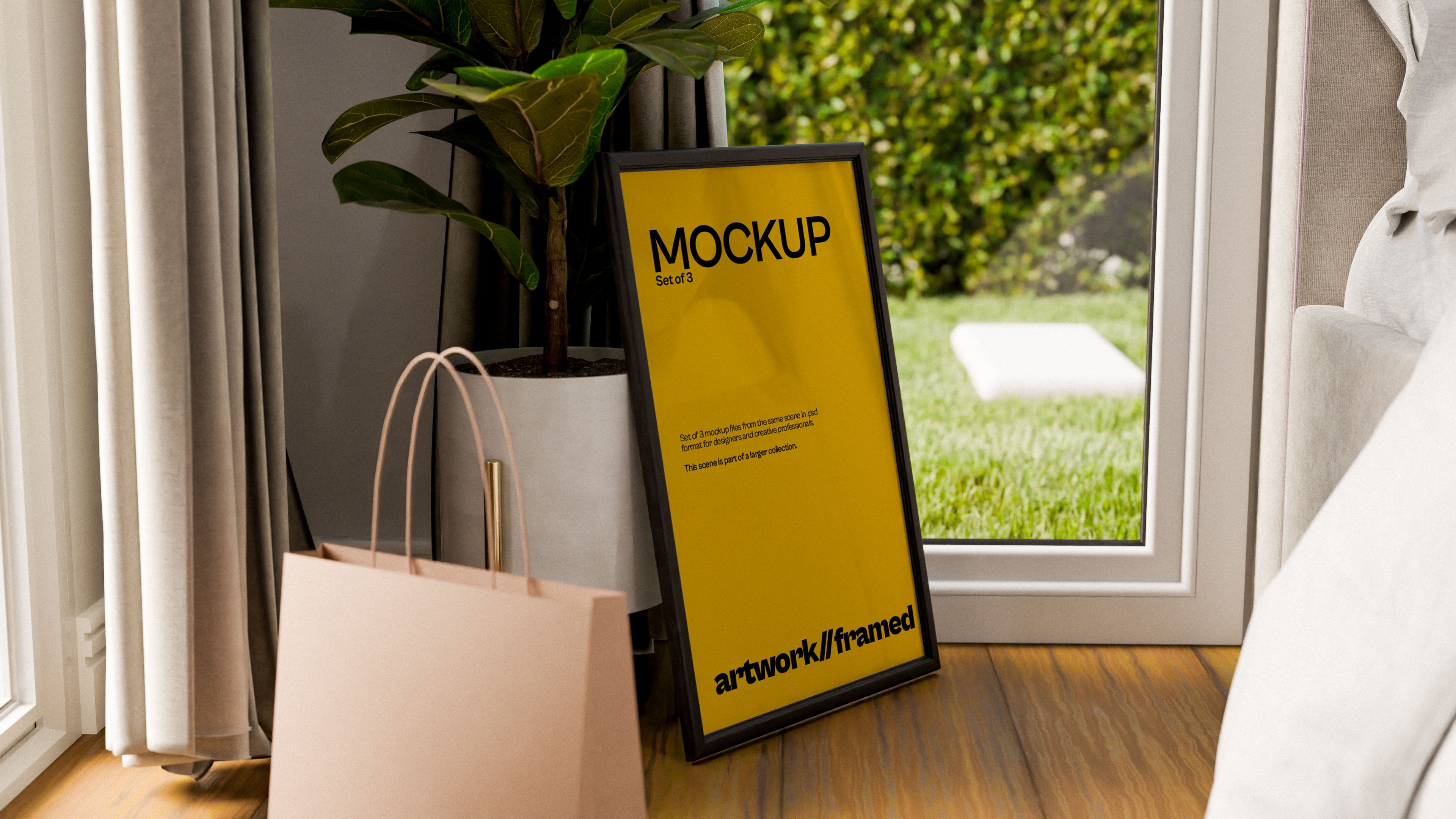 Framed Artwork on Floor Mockup Bundle – 3 PSDs in Soft Minimal Scene | Elysian Collection