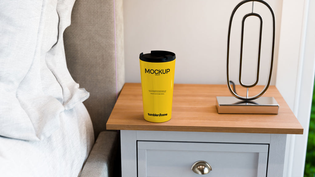 Cone Shaped White Sublimation Tumbler Mockup Bundle – 3 PSDs in Soft Minimal Scene | Elysian Collection