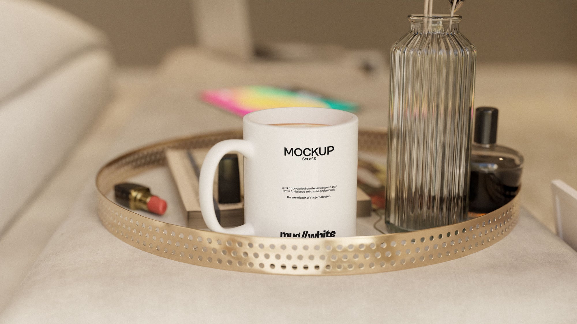 White Sublimation Mug Mockup Bundle – 3 PSDs in Soft Minimal Scene | Seraphic Collection