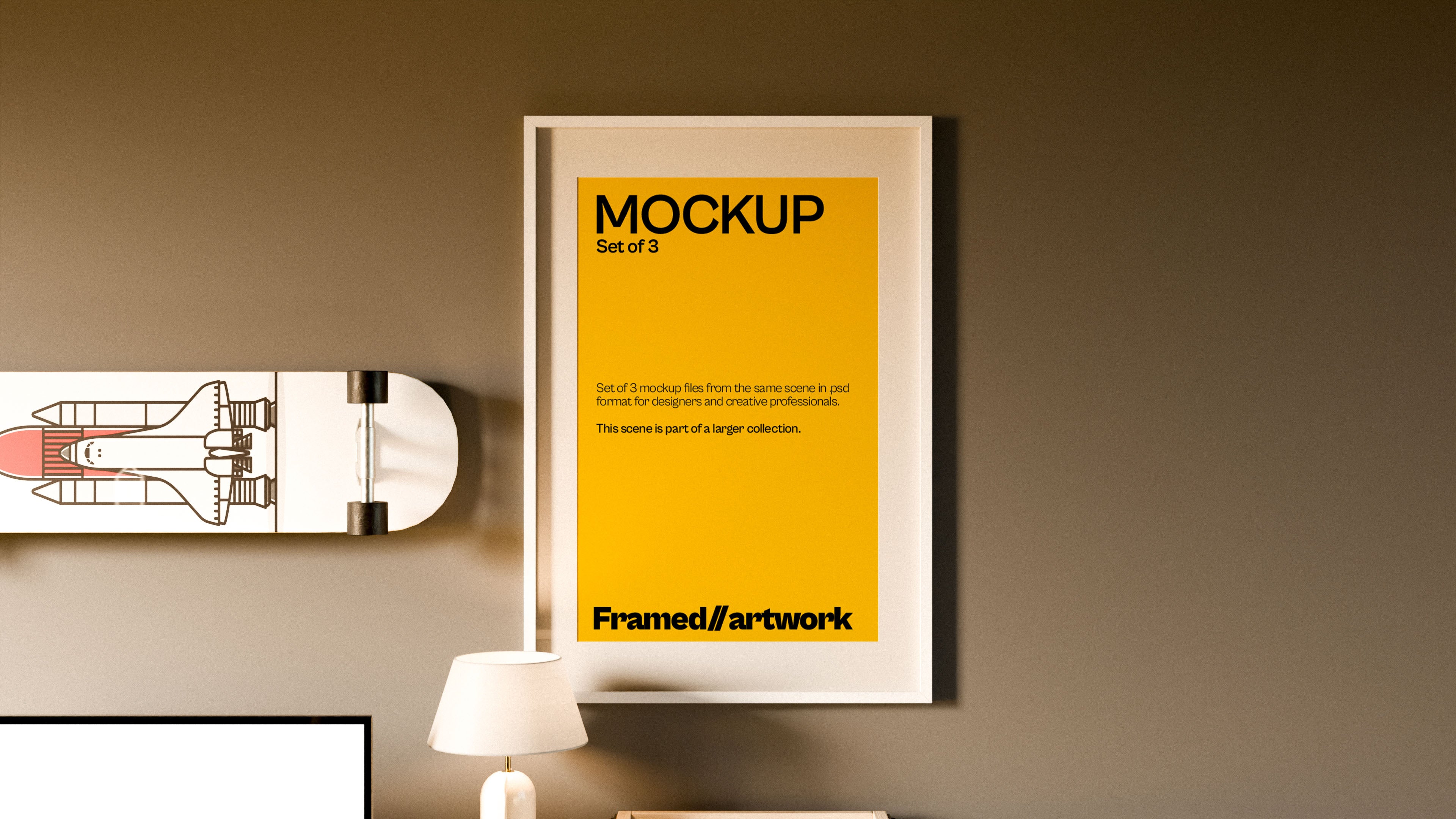 Framed Artwork Mockup Bundle – 3 PSDs in Sunlit Wall Scene | Waves and Wheels Collection