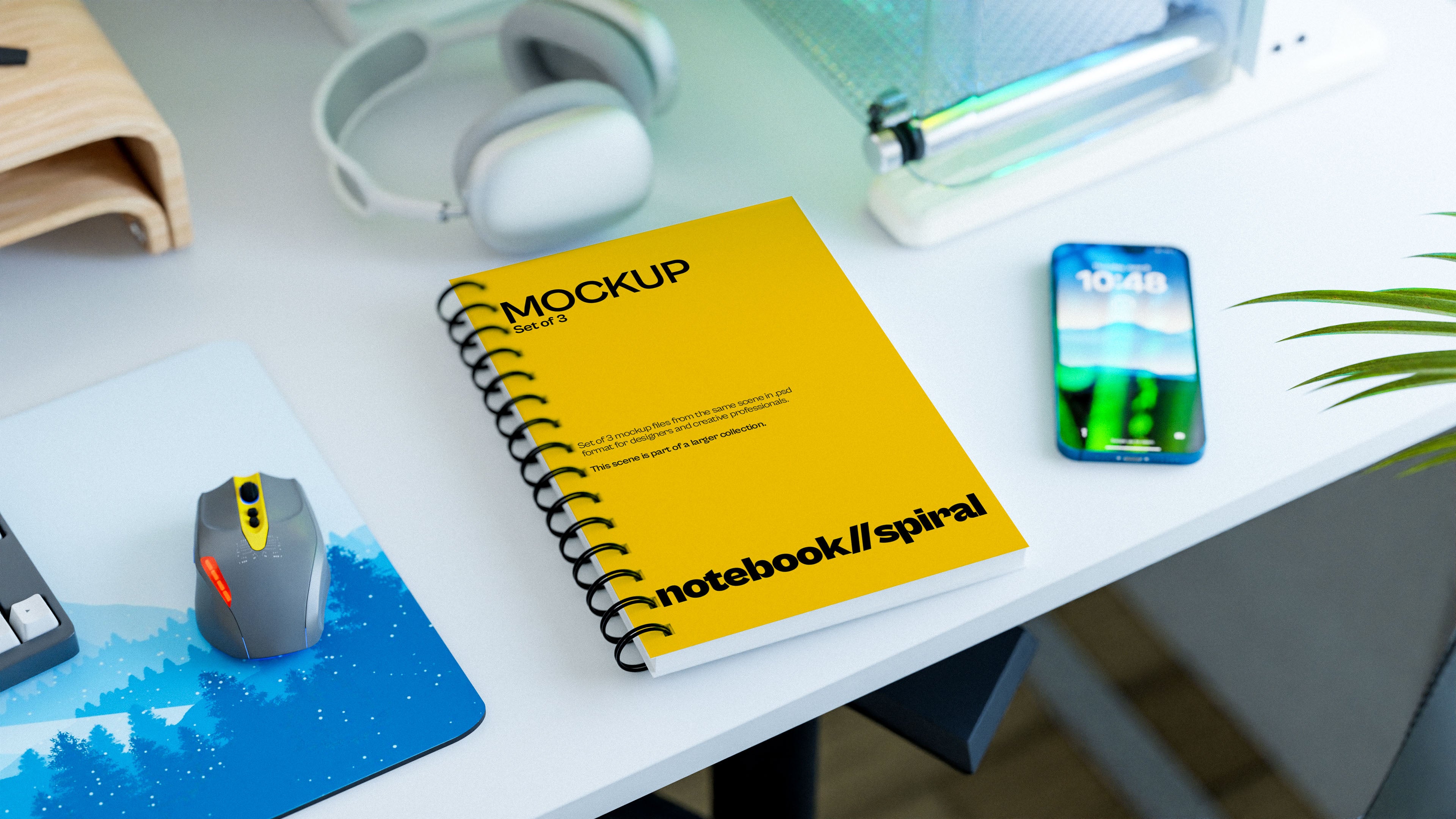 Spiral Notebook Mockup Bundle – 3 PSDs in Bright Editorial Scene | Lumen Collection