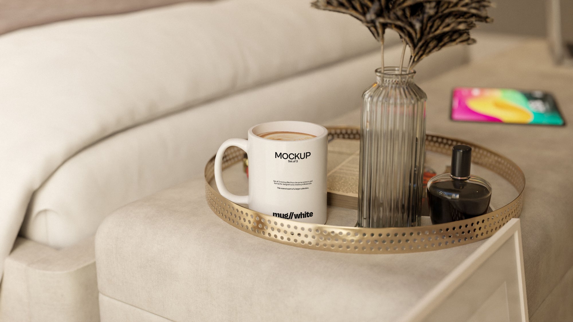 White Sublimation Mug Mockup Bundle – 3 PSDs in Soft Minimal Scene | Seraphic Collection