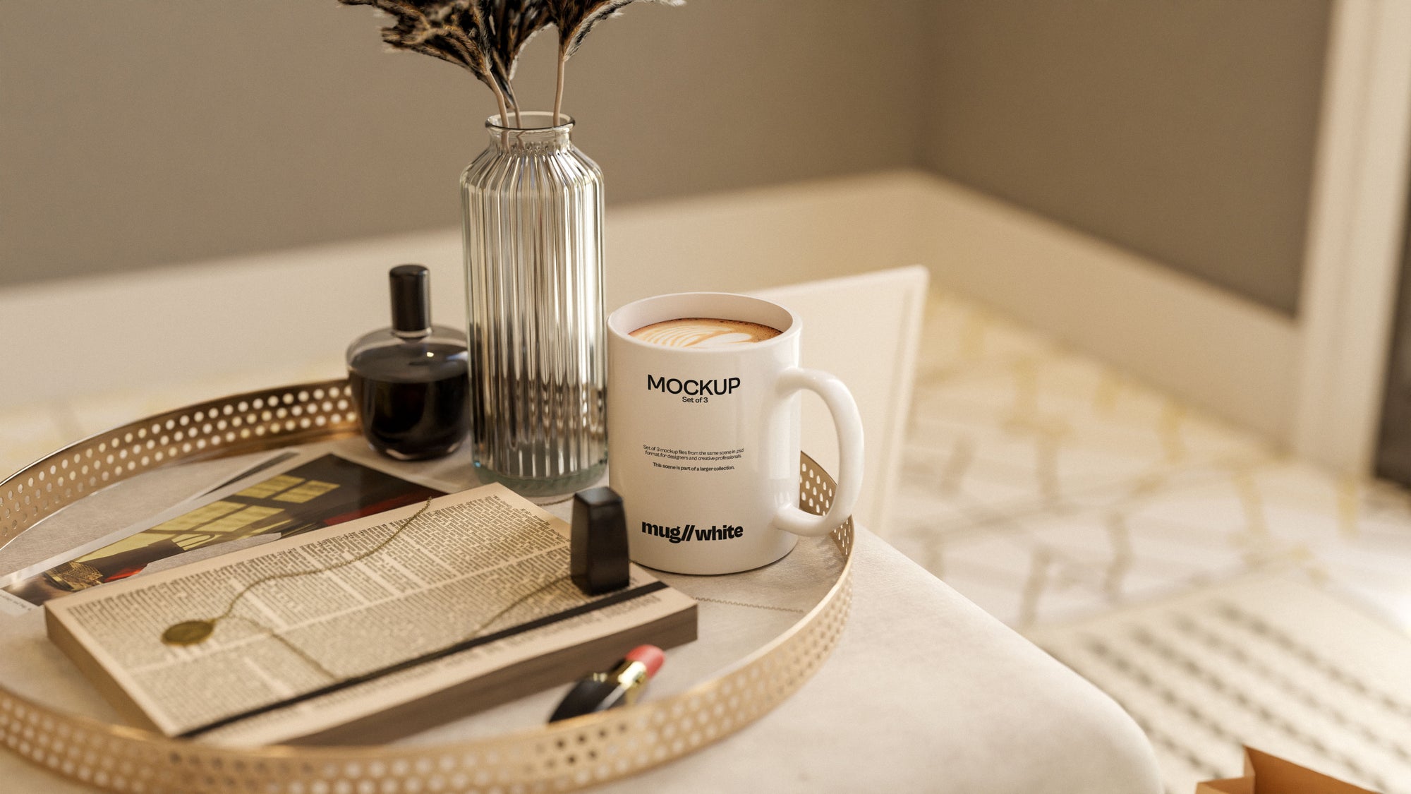 White Sublimation Mug Mockup Bundle – 3 PSDs in Soft Minimal Scene | Seraphic Collection