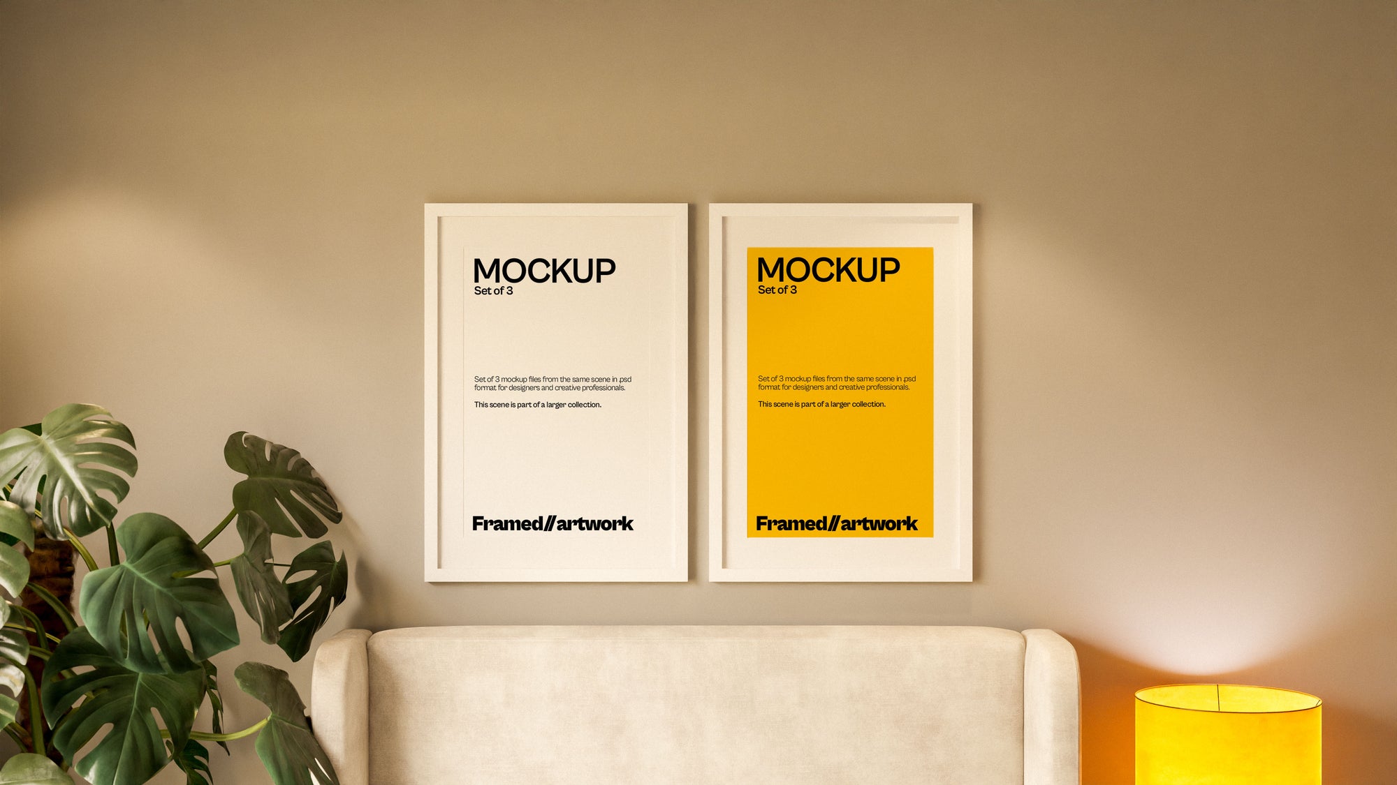 2 Framed Artwork Mockup Bundle – 3 PSDs in Soft Elevated Interior | Seraphic Collection