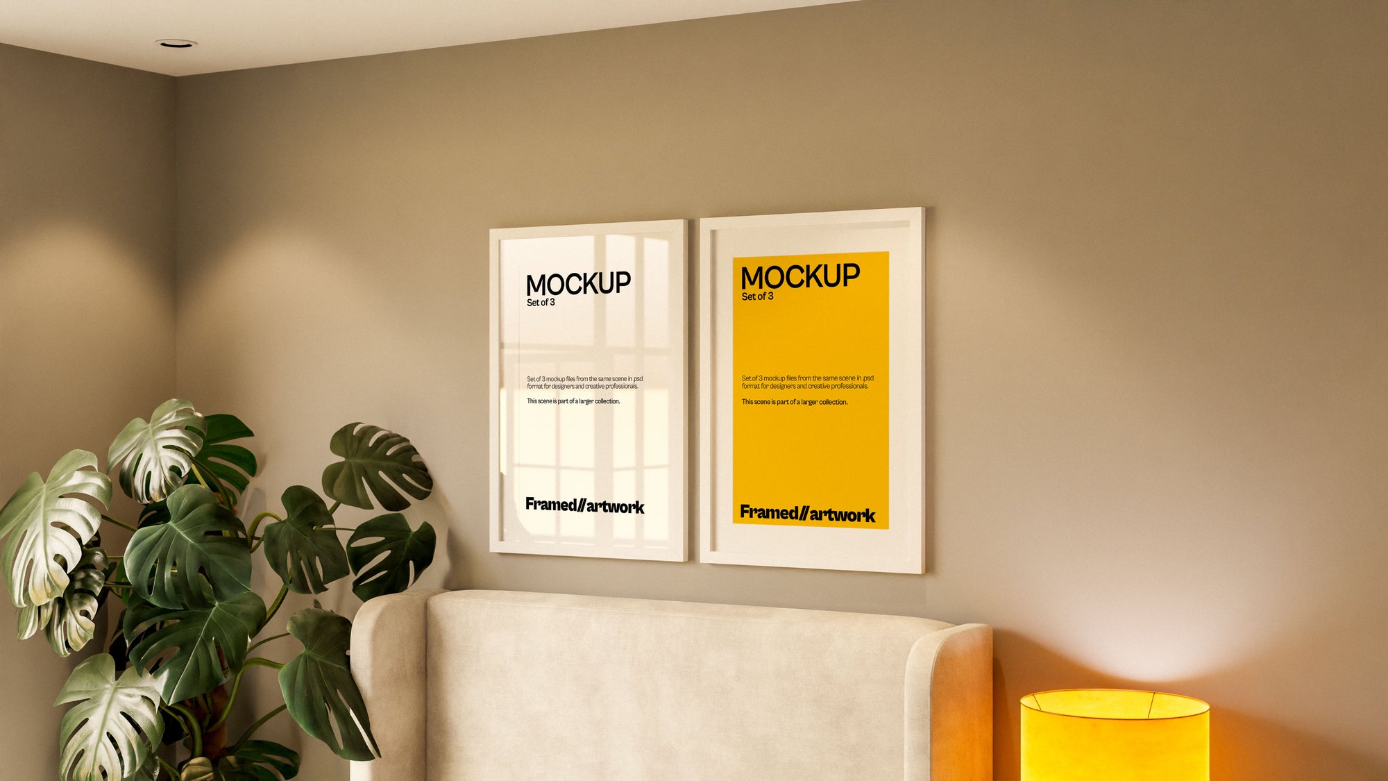2 Framed Artwork Mockup Bundle – 3 PSDs in Soft Elevated Interior | Seraphic Collection