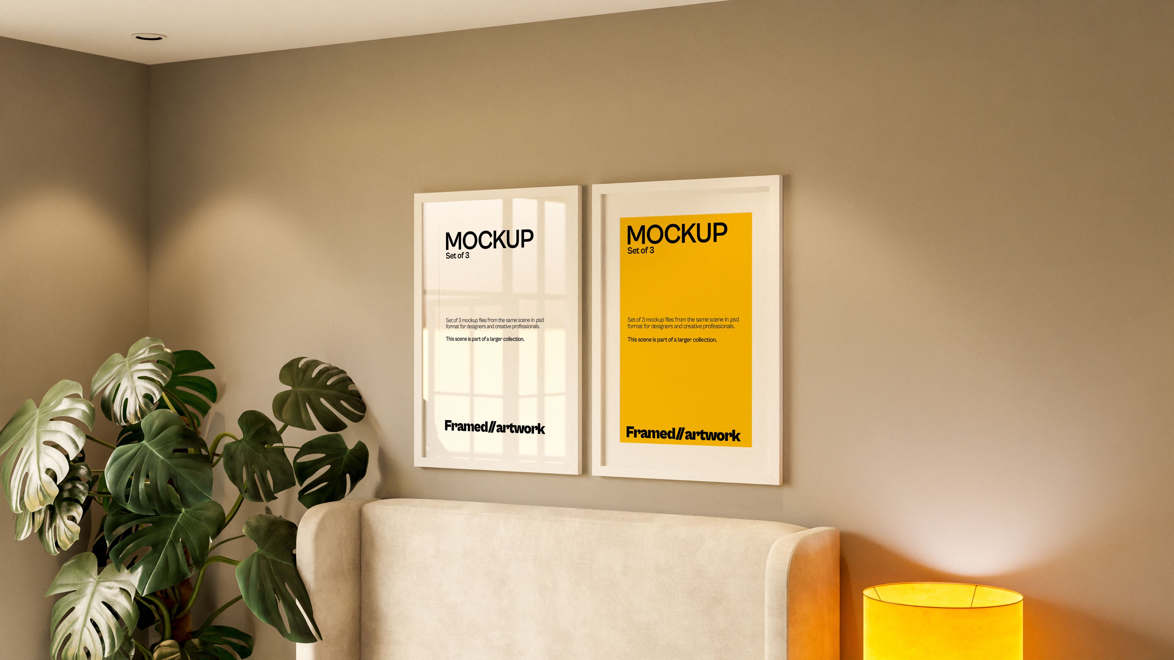 2 Framed Artwork Mockup Bundle – 3 PSDs in Soft Elevated Interior | Seraphic Collection
