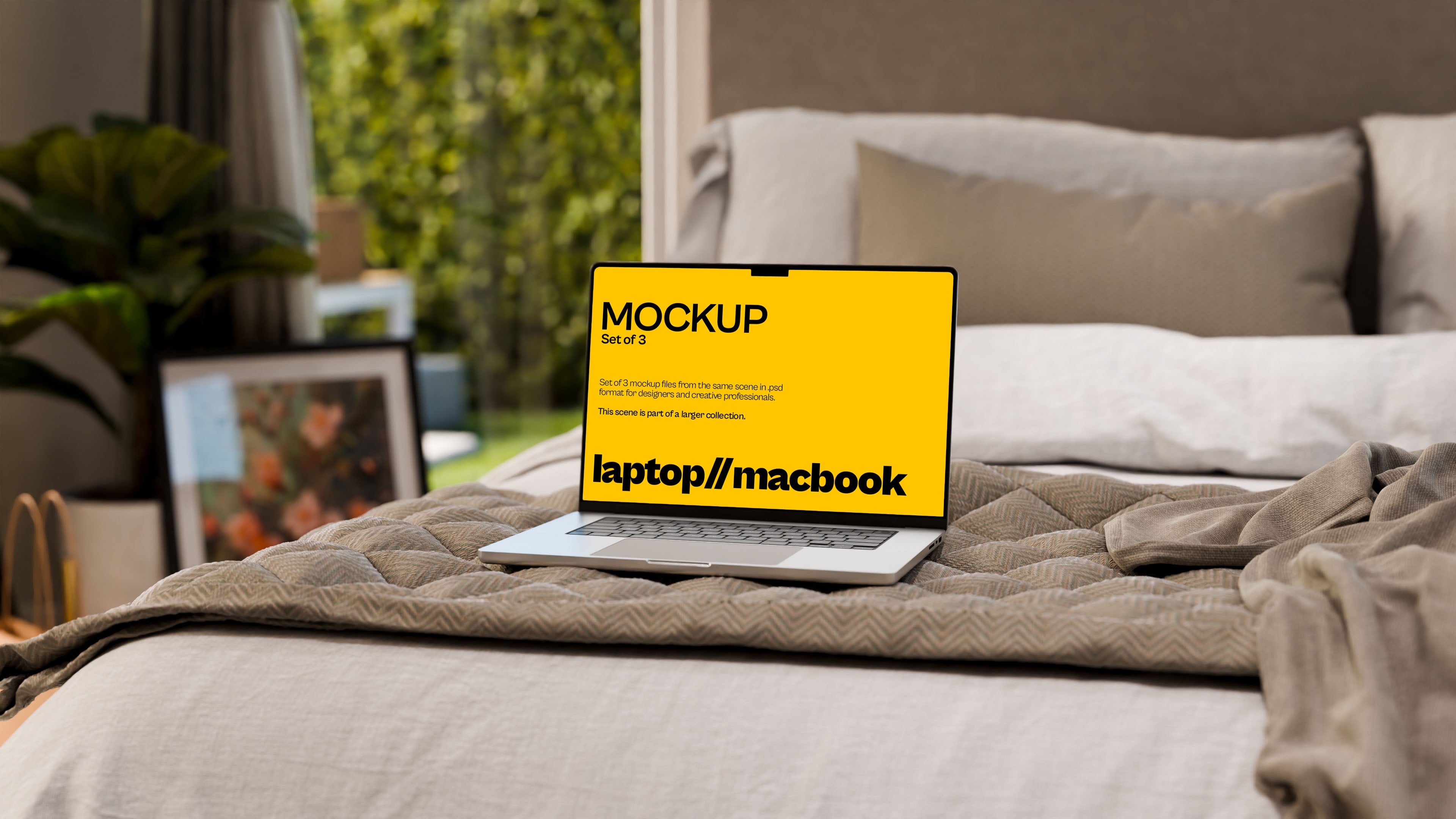 MacBook Screen Mockup Bundle – 3 PSDs on Bed Corner | Elysian Collection