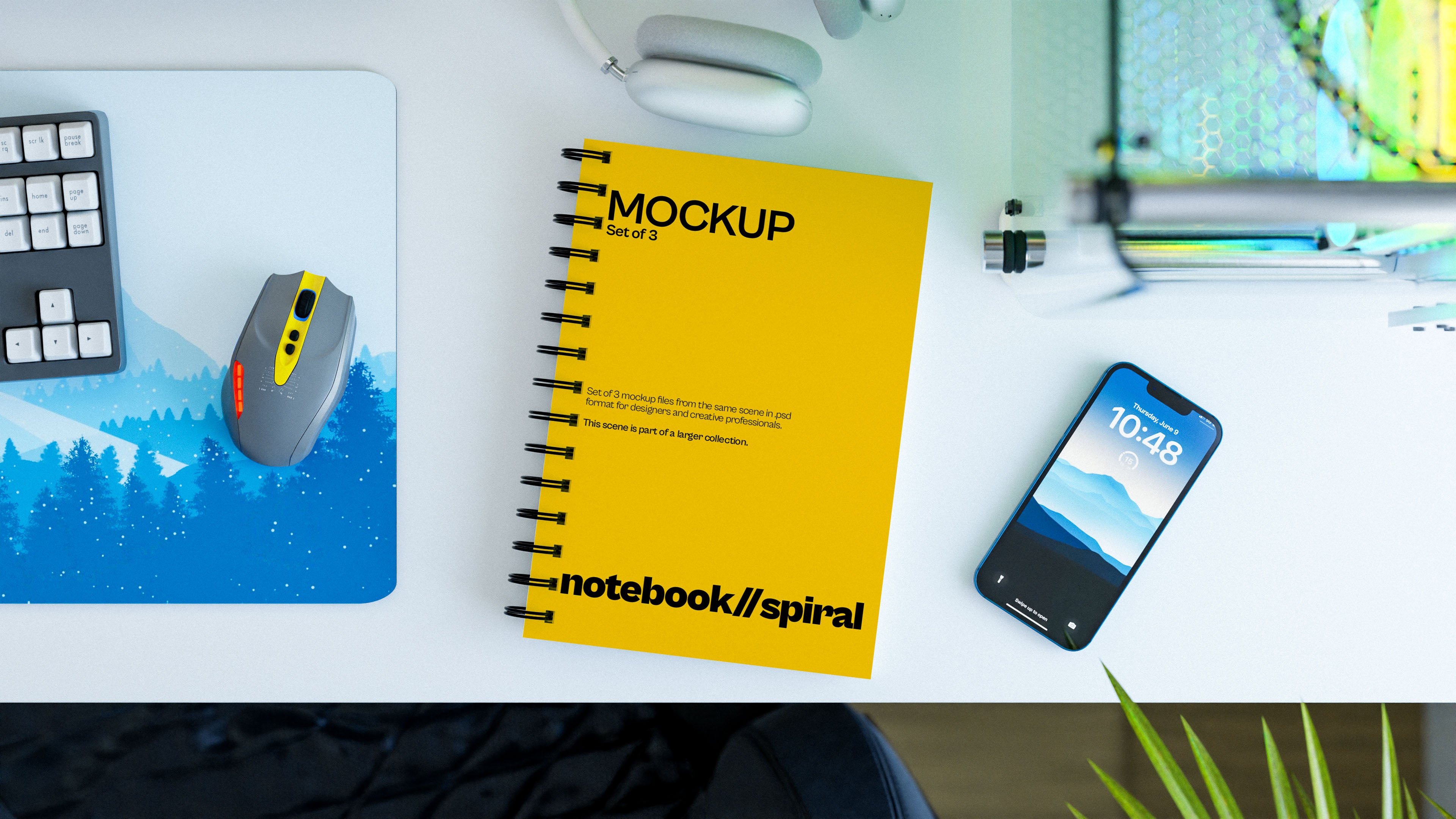 Spiral Notebook Mockup Bundle – 3 PSDs in Bright Editorial Scene | Lumen Collection