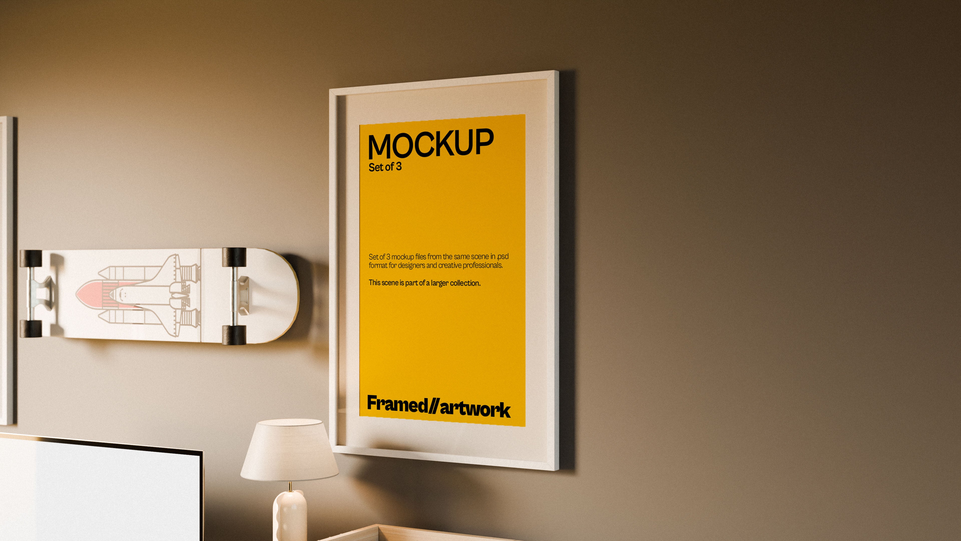 Framed Artwork Mockup Bundle – 3 PSDs in Sunlit Wall Scene | Waves and Wheels Collection