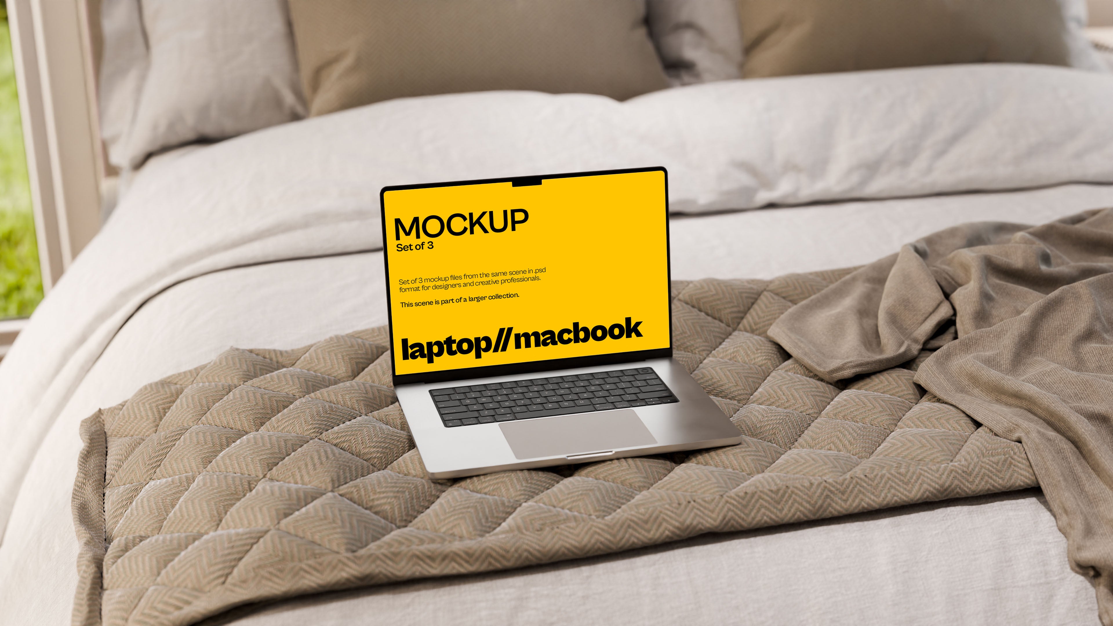MacBook Screen Mockup Bundle – 3 PSDs on Bed Corner | Elysian Collection