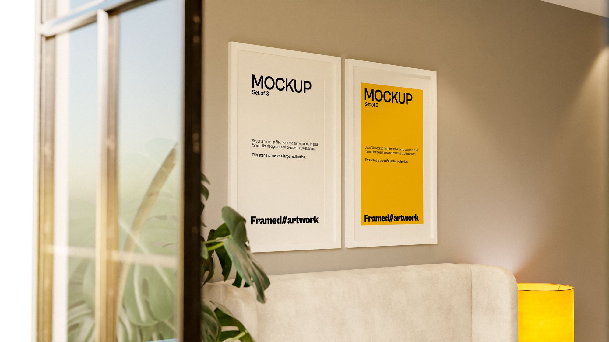 2 Framed Artwork Mockup Bundle – 3 PSDs in Soft Elevated Interior | Seraphic Collection
