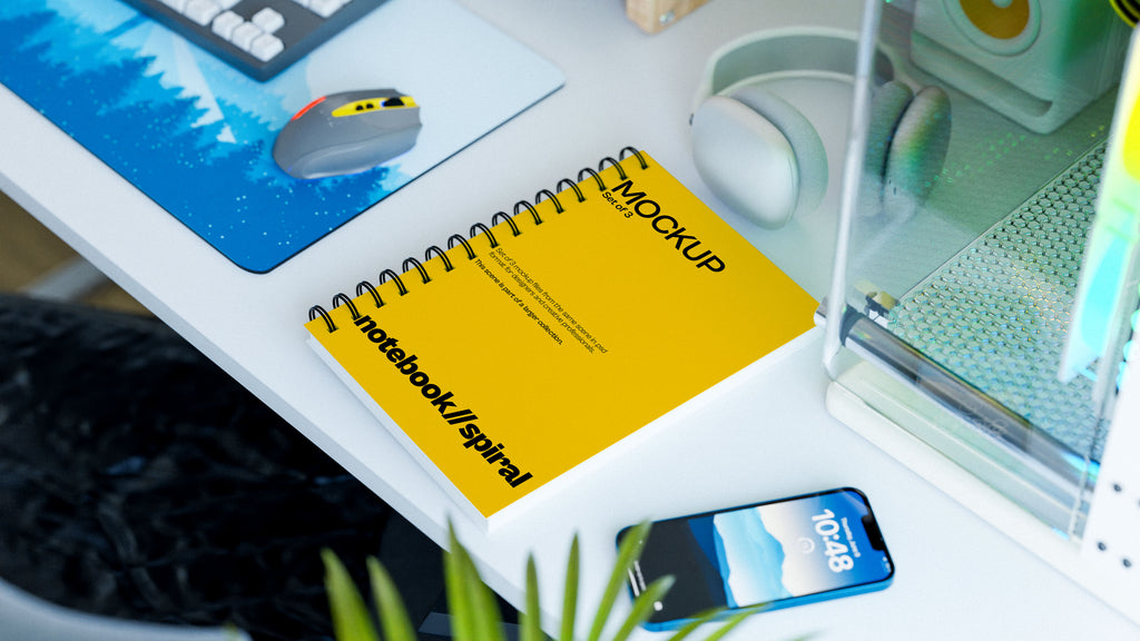 Spiral Notebook Mockup Bundle – 3 PSDs in Bright Editorial Scene | Lumen Collection